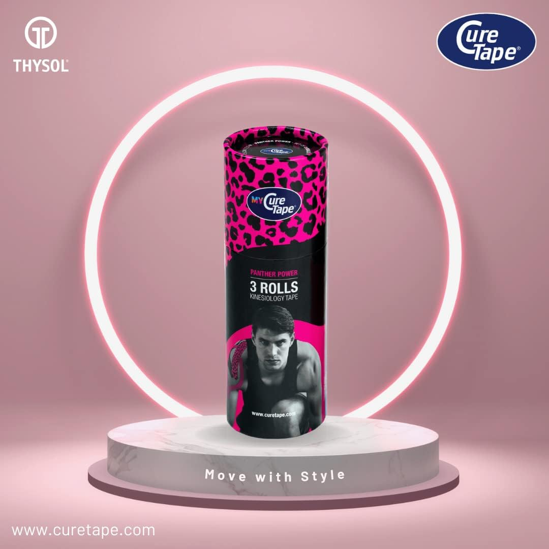 Curetape 3 Rolls Waterproof Kinesiology Tape | Super-Saver | Medical Kinesiology Tape for Extreme Sport Conditions | Increase Mobility & Performance | Reduce Joint Pain | Recover Faster (Panther Power) - Blue Pink Beige image number 6