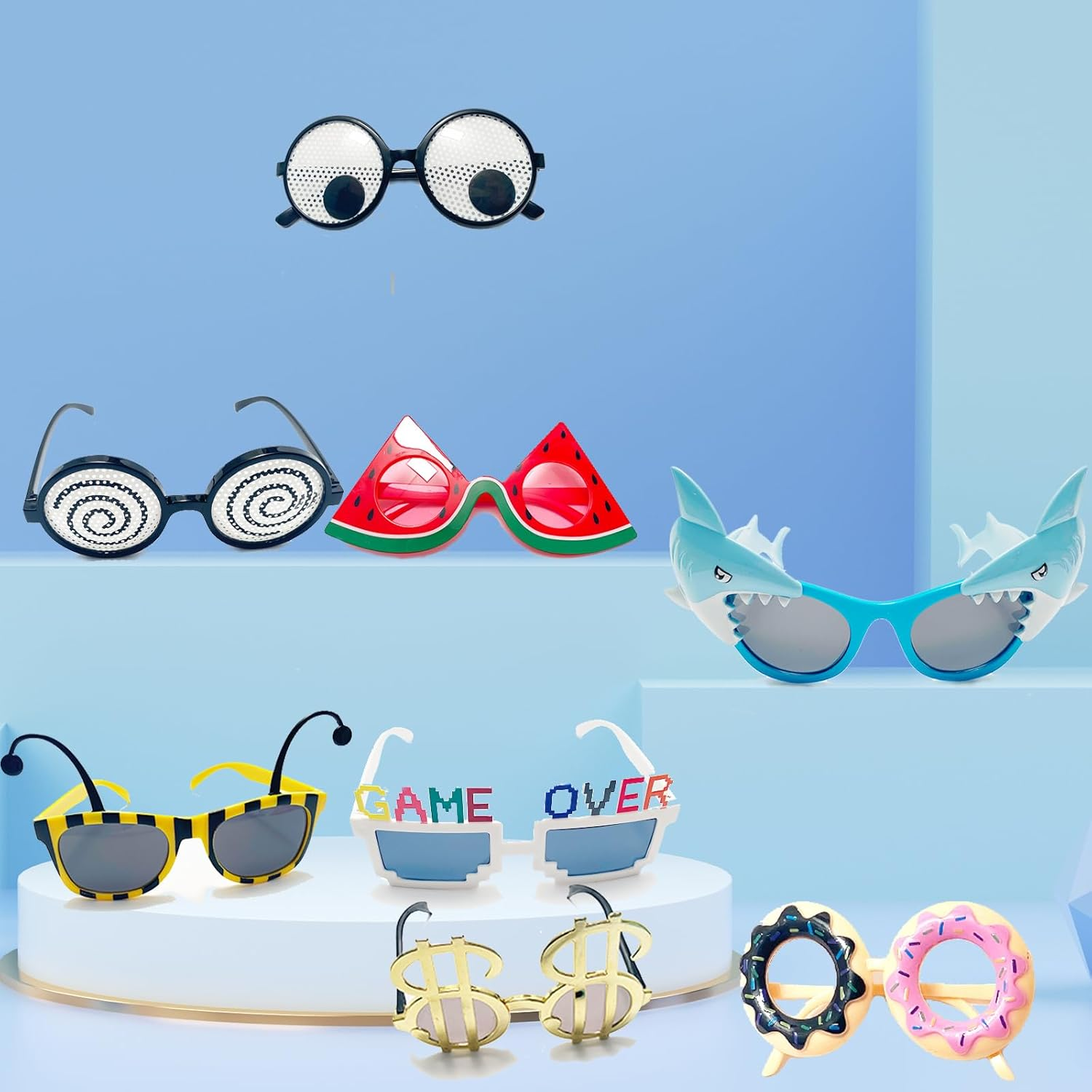 8 Pairs Funny Party Glasses Fancy Party Supplies Decoration Shark/Watermelon/Donuts/Dollars Funny Glasses, Novelty Party Bag Filler Fancy Dress Favors Creative Summer Beach Party Photo Booth Props image number 3