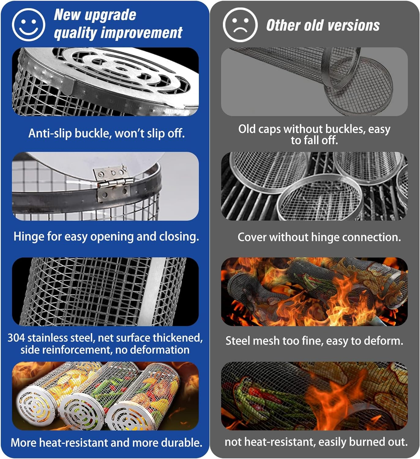 Stainless Steel Rolling BBQ Grill Basket - Large Mesh Cage for Vegetables Fish Meat - Camping Accessories BBQ Tools - Fathers Day & Birthday Gifts for Mens Dad Husband - Outdoor Cooking Gear image number 3