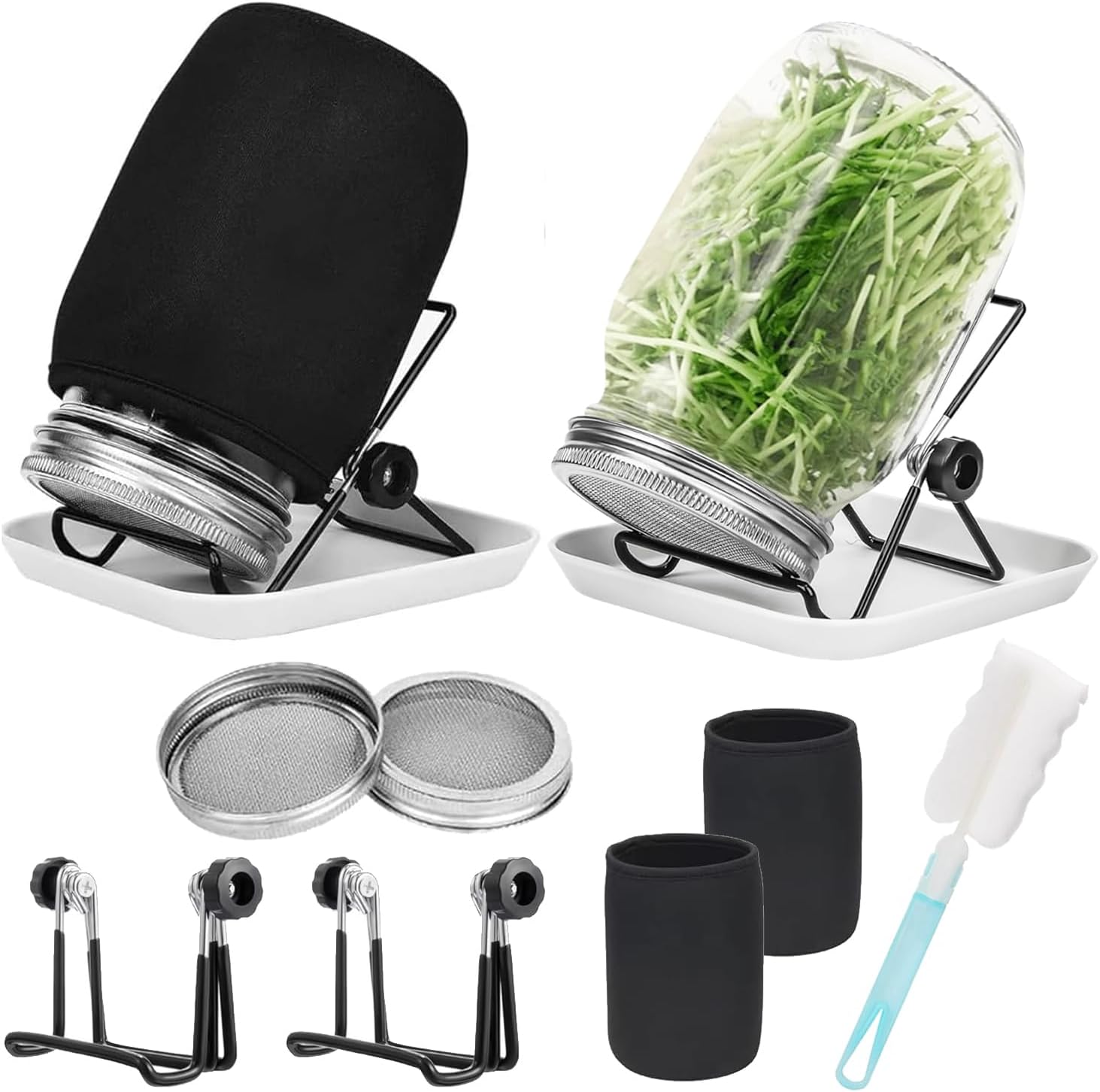 2-Piece Sprouting Jar Kit, Glass Jars with Stainless Steel Germination Covers, Adjustable Drainage Stand, Indoor/Outdoor Use, Clear image number 5