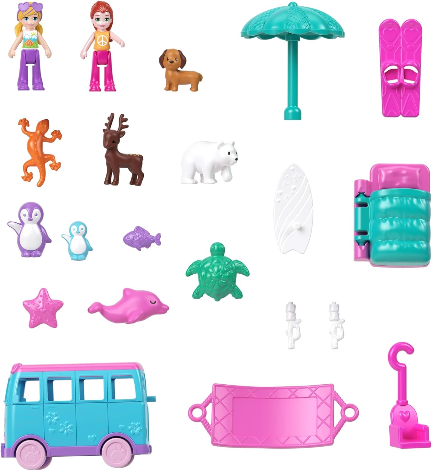 Polly Pocket Micro Dolls and Transforming Camper Van Vehicle, Accessories Include Pets and Toy Car, Pet Mobile Adventure Playset