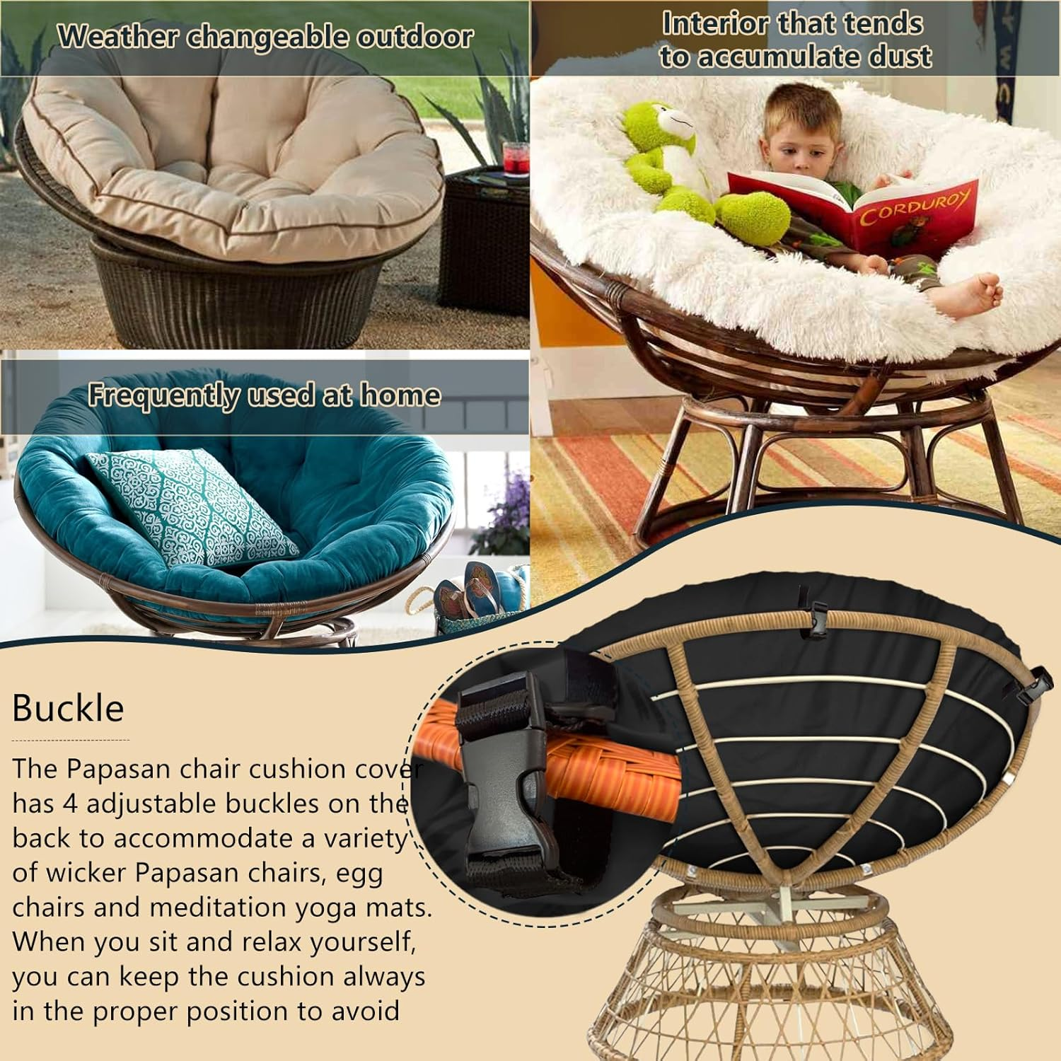 Papasan Cushion Covers 55" D - Black 600D Heavy Duty Oxford Cloth Zippered Cushion Waterproof Slipcover image number 3