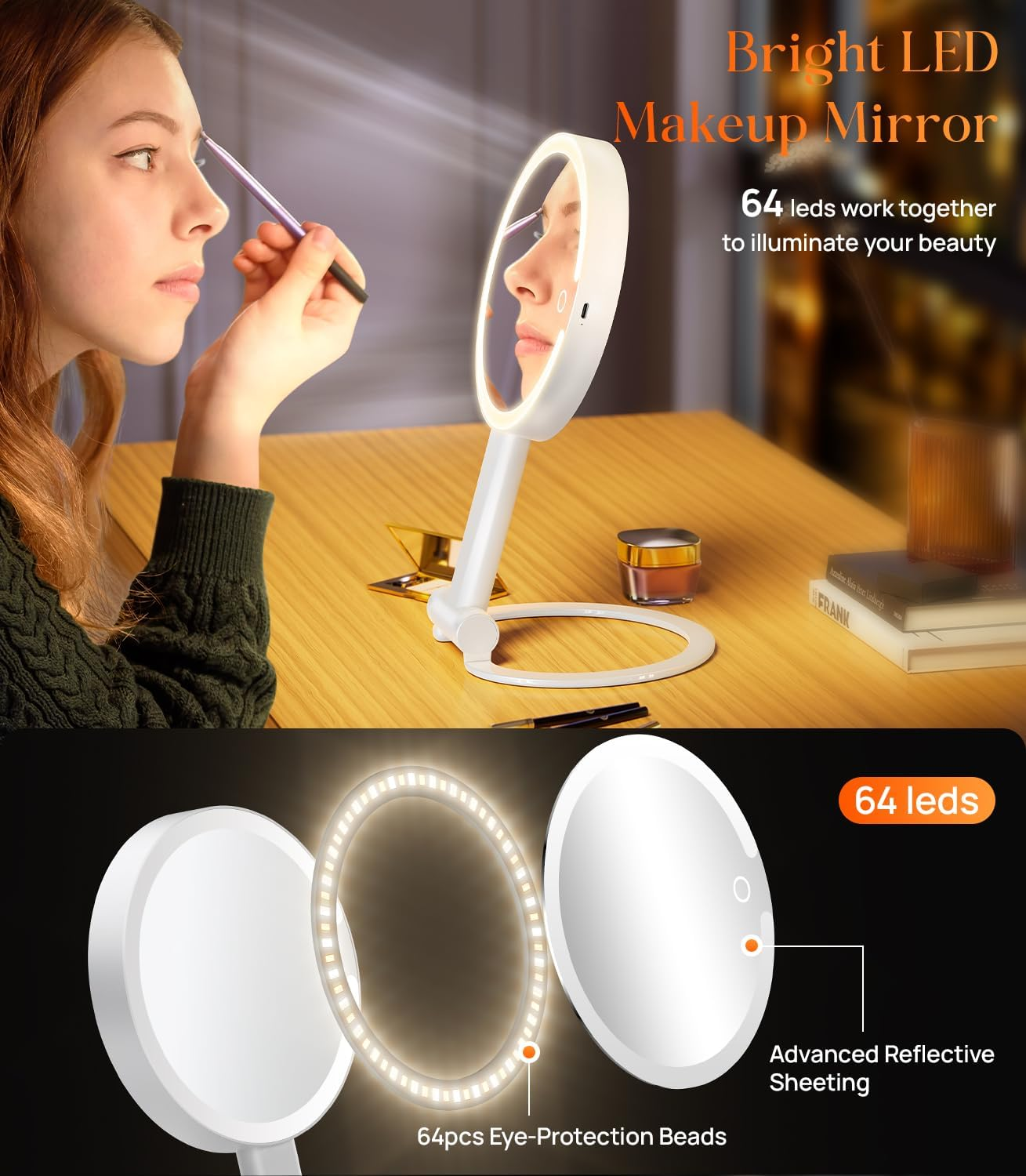 Gospire Magnifying Mirror with Light, 10X / 1X Double-Sided Makeup Mirror, 3 Colours, Dimmable Cosmetic Mirror with Lighting, 3-In-1 Travel Makeup Mirror, White image number 2