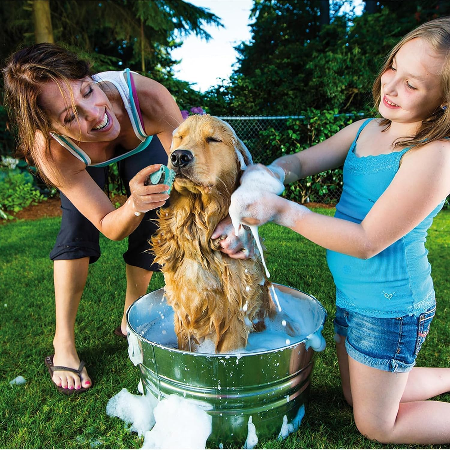 Pet Grooming Bath Massage Brush with Soap and Shampoo Dispenser Soft Silicone Bristle for Long Short Haired Dogs Cats (Green) - Green image number 2