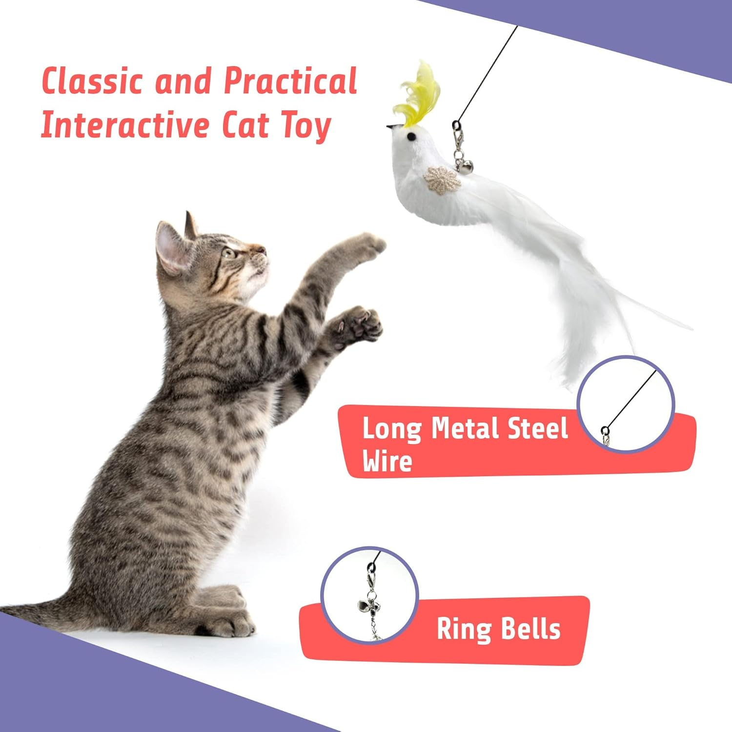 Cockatoo Wand Toy Set &ndash; Interactive Cat Wand with Wooden Handle & 6 Feather Attachments, Includes 2 Bird Toys, 2 Jingle Jangle Toys & 2 Helicopter Feather Toys &ndash; Vet Designed image number 6