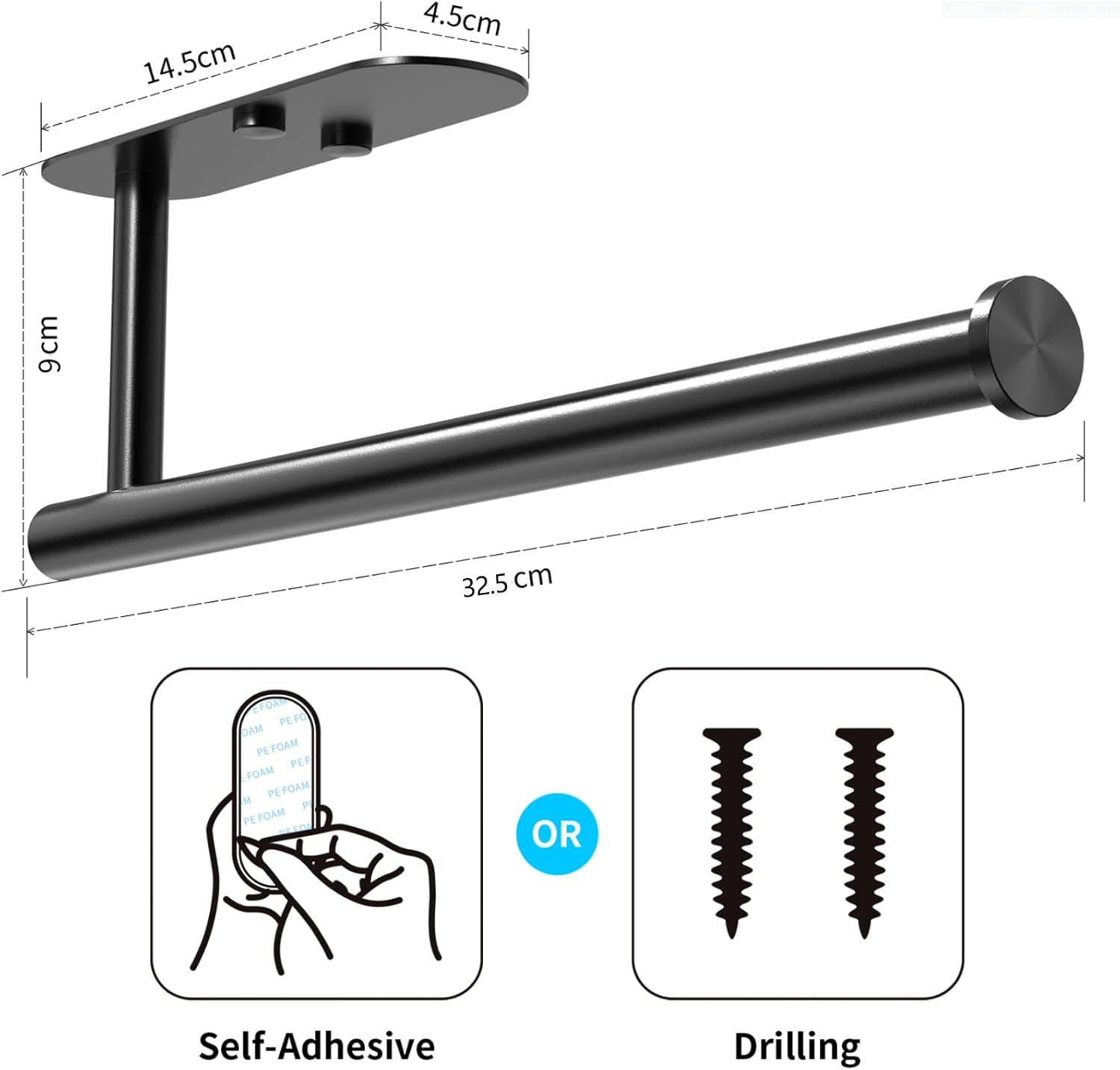 Paper Towel Holder under Cabinet, Self Adhesive Paper Towel Holder for Kitchen Wall Mount SUS304 Stainless Steel Holder under Counter Hanging Towels Kitchen Organization (Black) image number 3