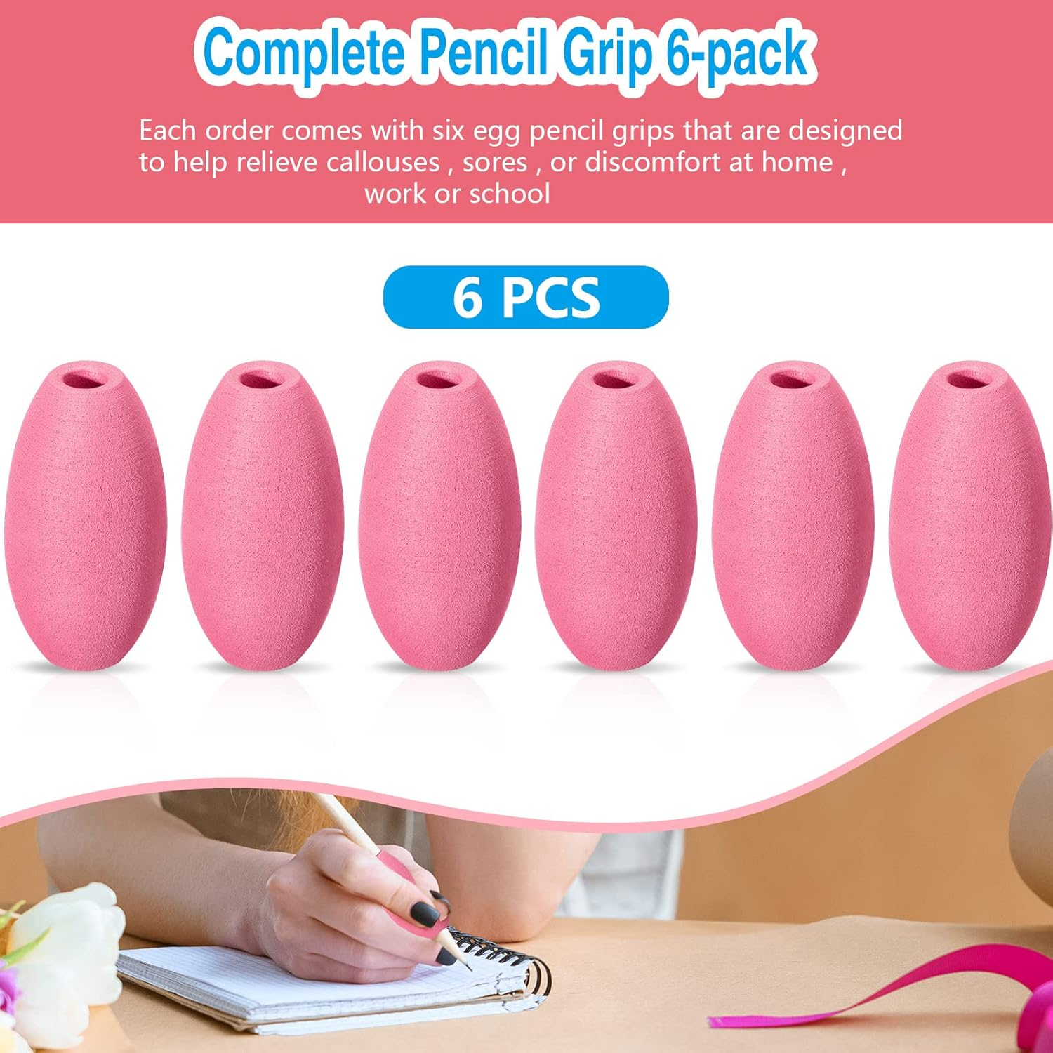 Zonon Writing Aid Trainer for Adults Foam Egg Grips Pen Cushioned Holders Writing Aid Trainer for Handwriting Drawing Preschool Supplies Right or Left Hand Use, 6 Pieces(Pink)