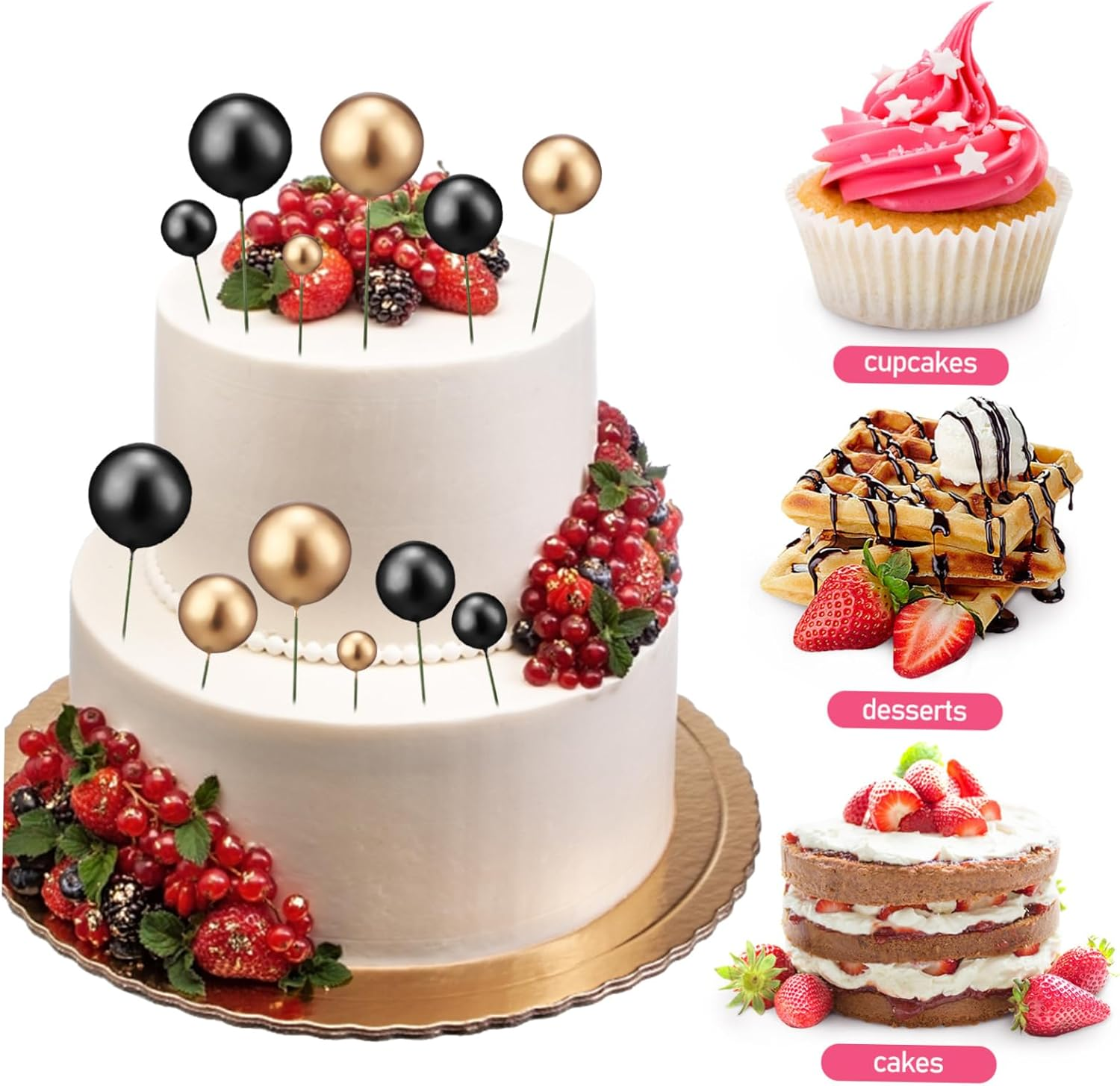 Jojofuny 30Pcs Gold and Silver Ball Cake Picks Cake Topper Balls Birthday Toppers Picks Birthday Party Supplies Dessert Party Decorations image number 1