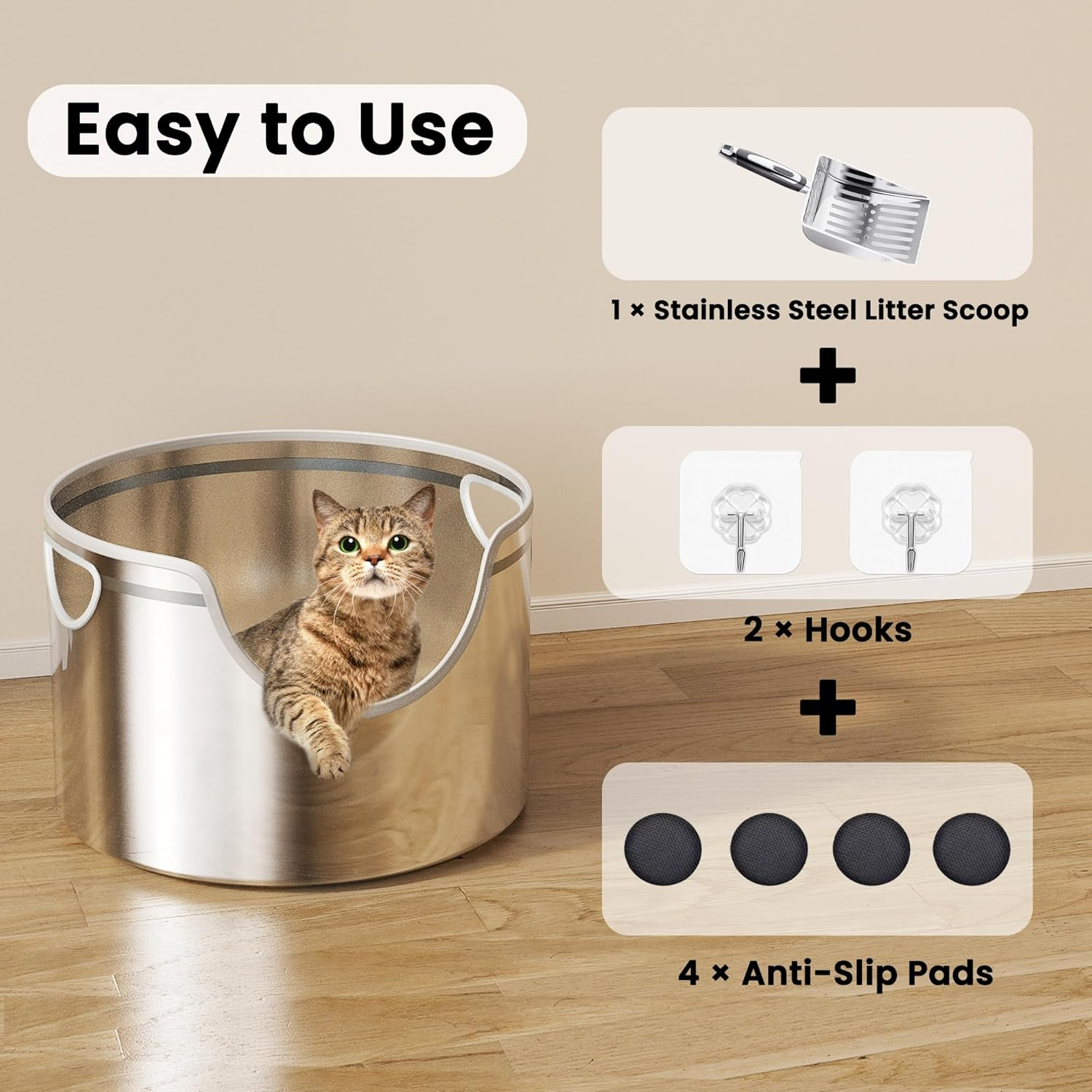 Stainless Steel Litter Box Metal with Integrated round for XL/XXL Big and Multi Cats, 31 Cm High Wall High Side, Odor Control, Easy to Clean, Durable, Includes Stainless Steel Scoop