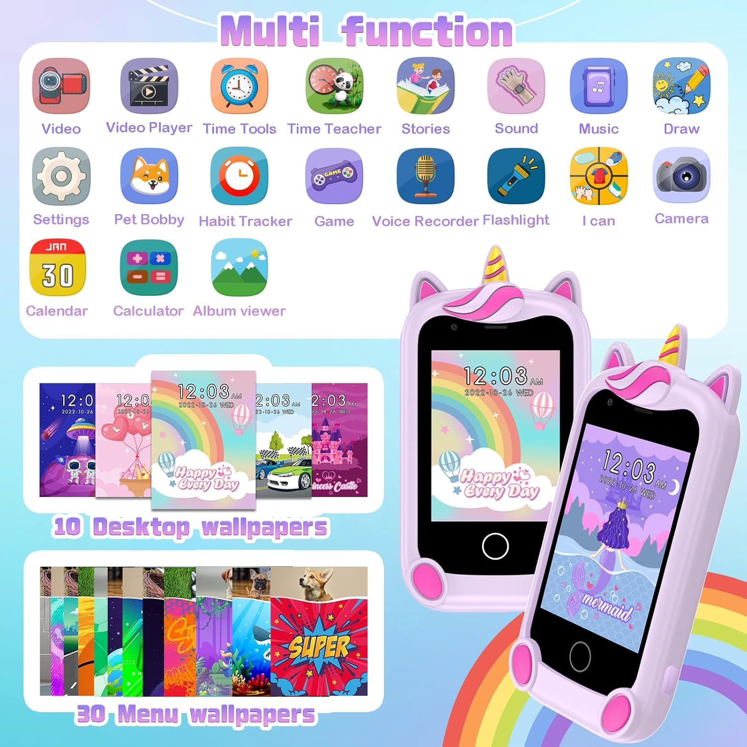 PTHTECHUS&reg; Kids Smart Phone, Easter Christmas for Girls Boys Toddlers Childrens 3-12 Years Old Kids Phone Touchscreen Learning Toys for Birthday Holiday Ideas Pink image number 5