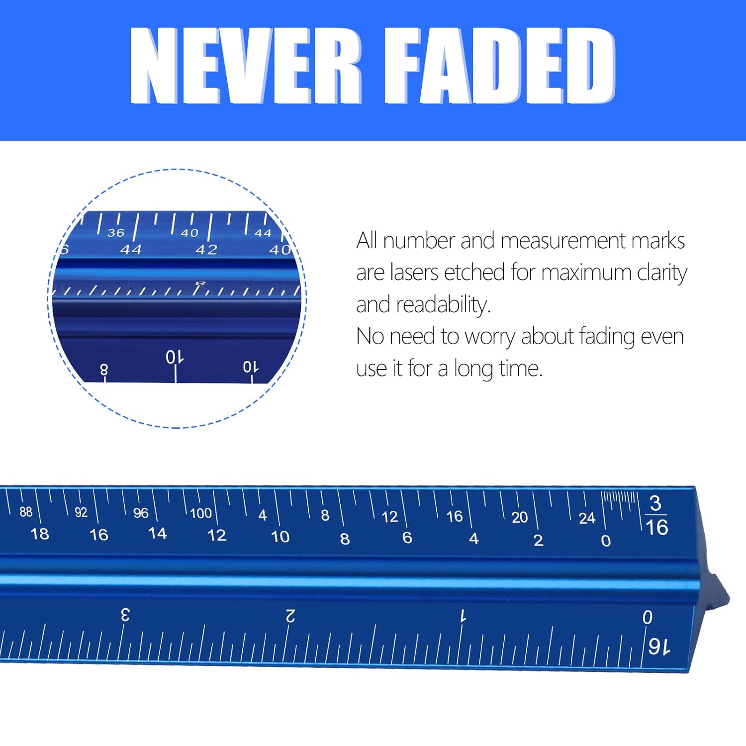 12" Architectural Scale Ruler, Aluminum Scale, Triangular Ruler, Scale Ruler for Blueprint Imperial Measurements for Architects Engineering Artists, Draftsman Drawing, Laser-Etched Markings.(Blue) image number 1
