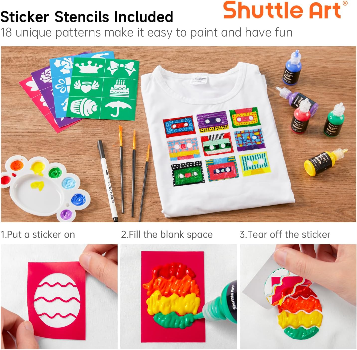 Shuttle Art Fabric Paint Set, 45 Colors 3D Permanent Paint with Brushes Palette Pen Fabric Sheet Stencils, Glow in the Dark, Glitter,Metallic Colors for Textile Fabric T-Shirt Jeans Glass image number 5