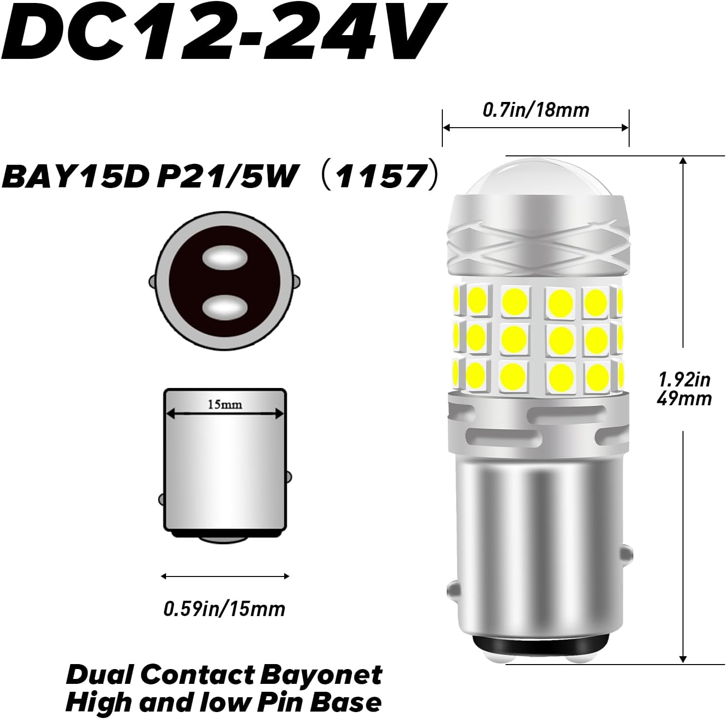 Kaidengzhe 1157 LED Light Bulbs, 42SMD 3030 Chipsets BAY15D P21/5W Light Bulb Tail Lamp for Car Trailer Truck Replacement P21/5W LED Brake Light Bulb Plug & Play 21W/18W Bipolar, Xenon White, 2 PCS