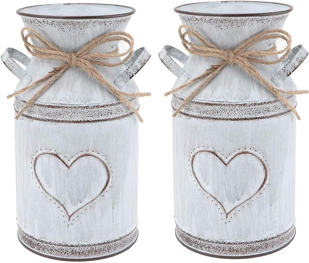 Vintage Metal Vase, Gray Farmhouse Style Retro Milk Jug with Heart Pattern and Handle, Milk Jug for Artificial Dried Flowers or Kitchenware for Home/Wedding and Plant Decoration image number 5