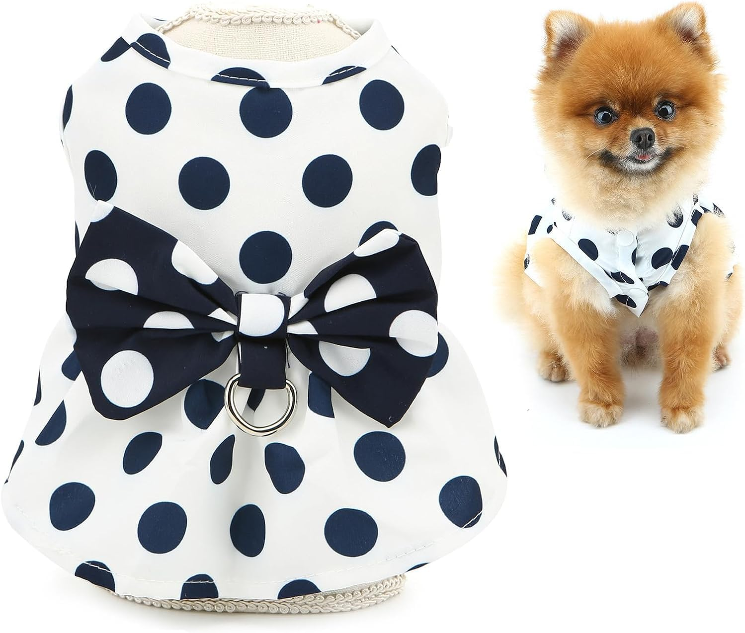 Polka Dot Dog Dress for Small Dog Girls Puppy Harness Dress with D Ring and Bow Spring Summer Breathable Pet Short Skirt (White, L) image number 1
