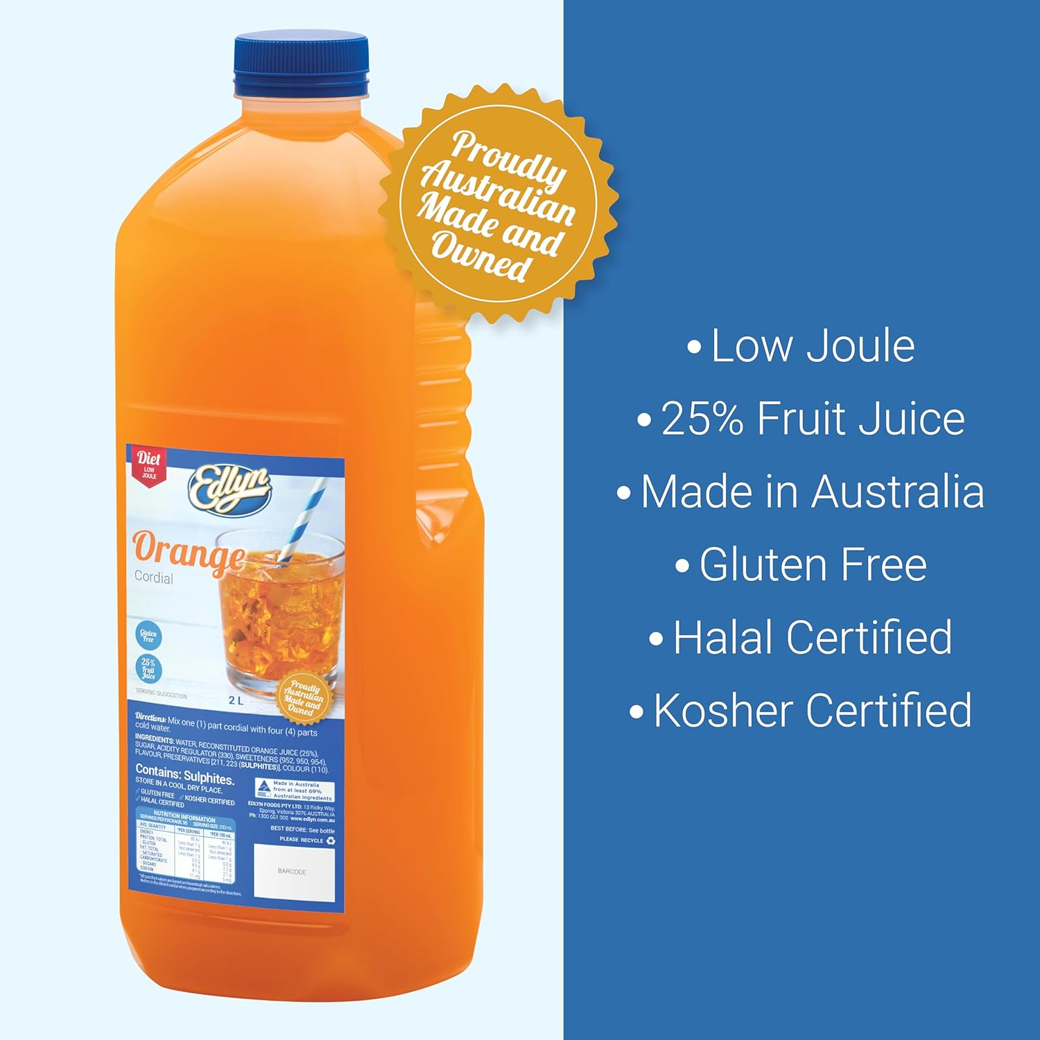 Edlyn Traditional Diet Orange Cordial 2 Litre