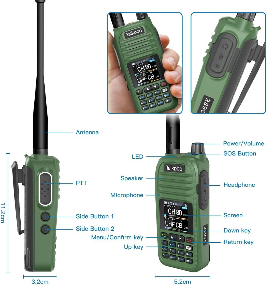 Talkpod A36SE 5Watt Handheld UHF CB Radio Twin Pack, 80 Channels, 1500Mah Battery, IP54, CTCSS/DCS, Dual Watch (Green) image number 6
