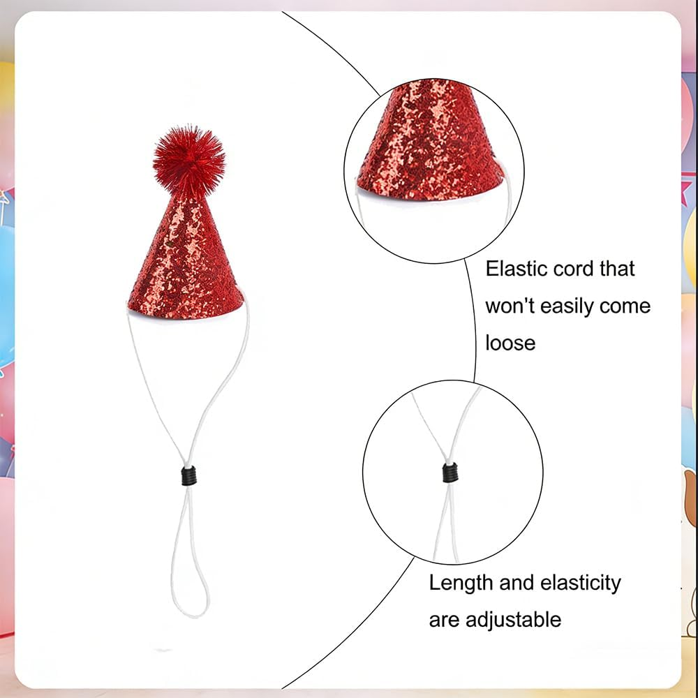 Pet Party Hats with Pom Pom, 8 Pack, Adjustable Mini Birthday Hats for Small Dogs and Cats, Reusable image number 2