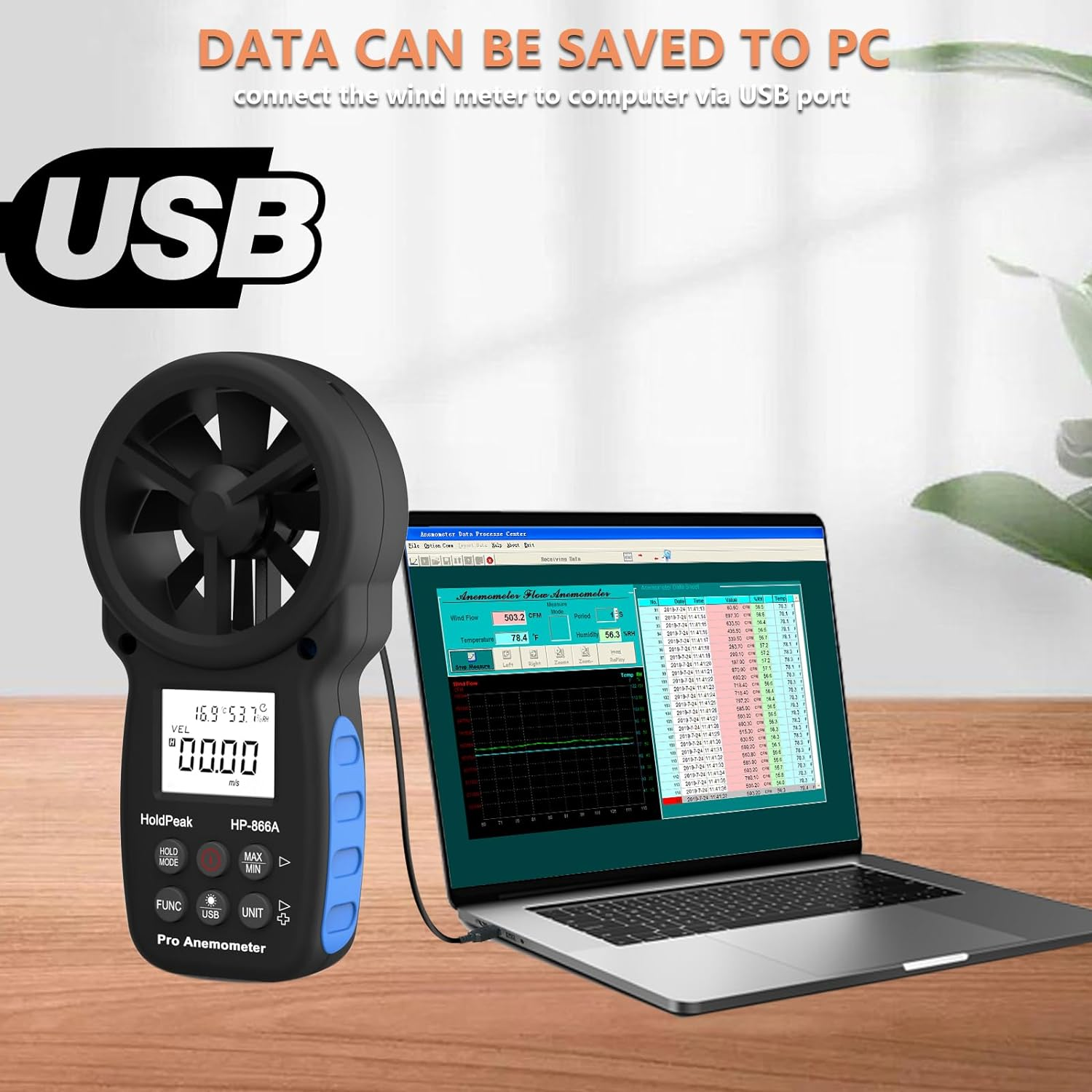 Holdpeak 866A Anemometer HVAC, Pro CFM Air Flow Meter for Wind Speed Temp Humidity Dew Point Airflow Measuring Device, Handheld Wind Gauge Meter with USB