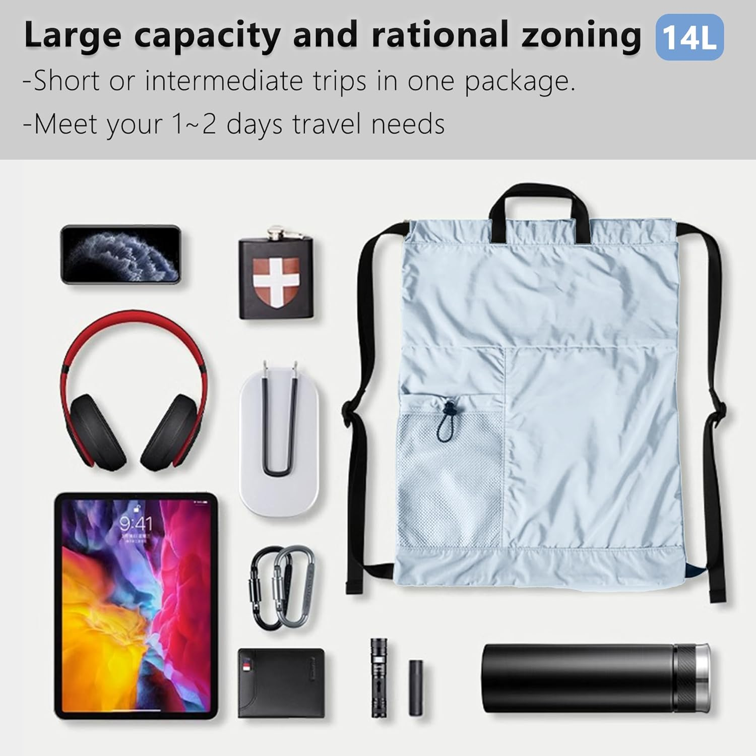 Packable Drawstring Travel Backpack, Hiking Swimming Waterproof Bags image number 3