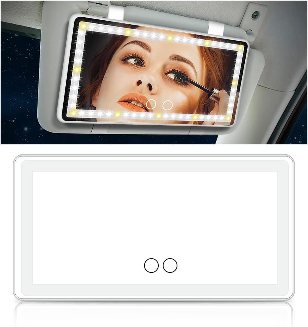 Rechargeable Car Vanity Mirror with LED Lights for Sun Visor &ndash; 3 Light Modes, Dimmable Touch Screen, Memory Function &ndash; Makeup Mirror for Car, SUV, Truck &ndash; Universal Fit (White) image number 1