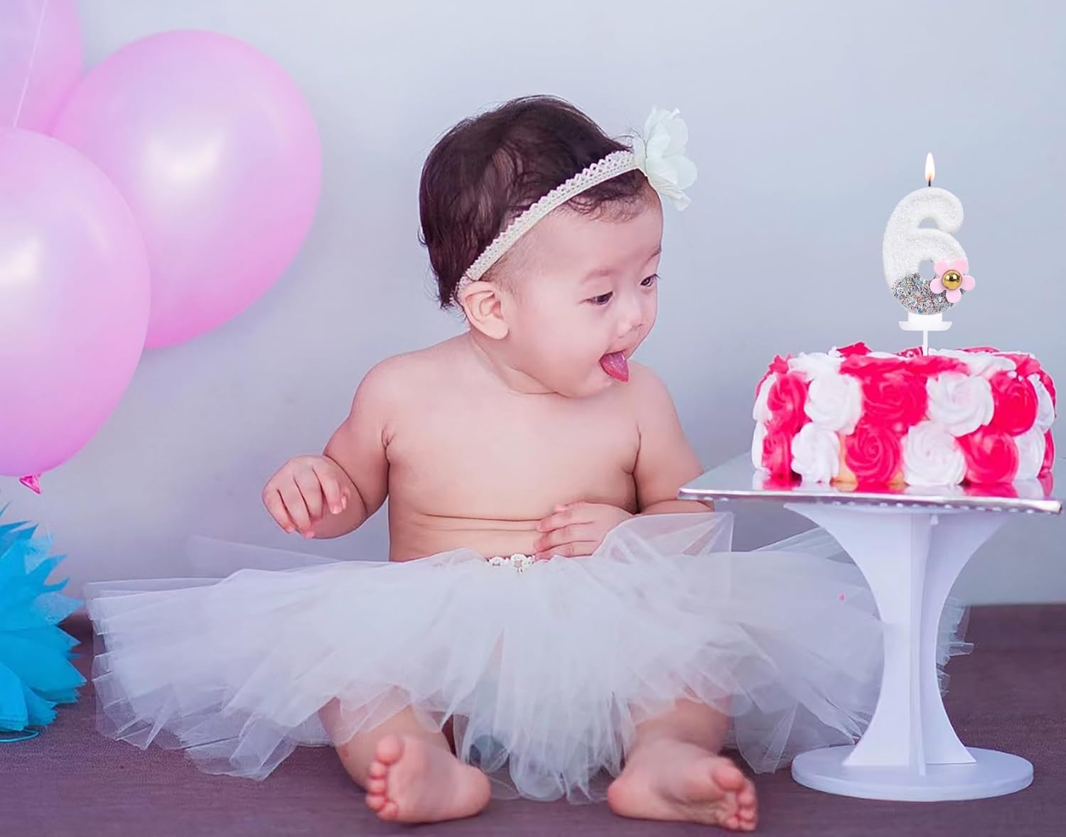6 Birthday Candle with 3D Pink Daisy, Silver and White Color-Blocked Sequins Number 6 Candle for Birthday Cake Girl Kids Happy 6Th Birthday or Anniversary Party Cake Decorations image number 1