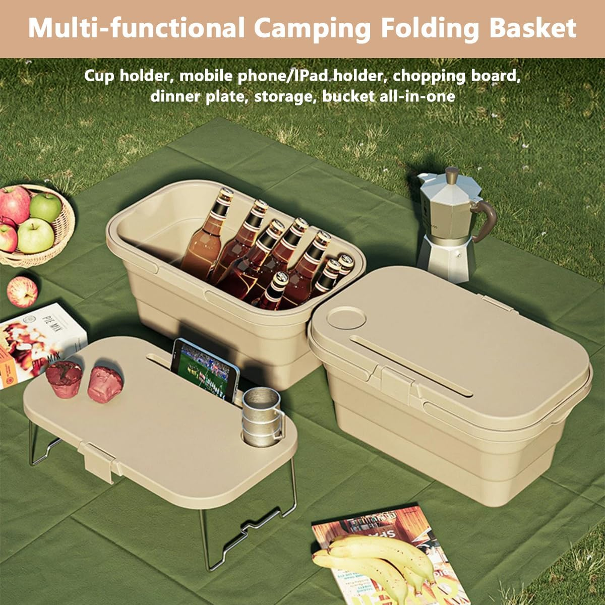 Collapsible Picnic Basket, Portable Large Capacity Picnic Basket, Foldable Picnic Bin with Lid Table, Multi-Functional and Water-Proof Storage Basket with Lid for Camping, Outdoor, Fishing image number 3