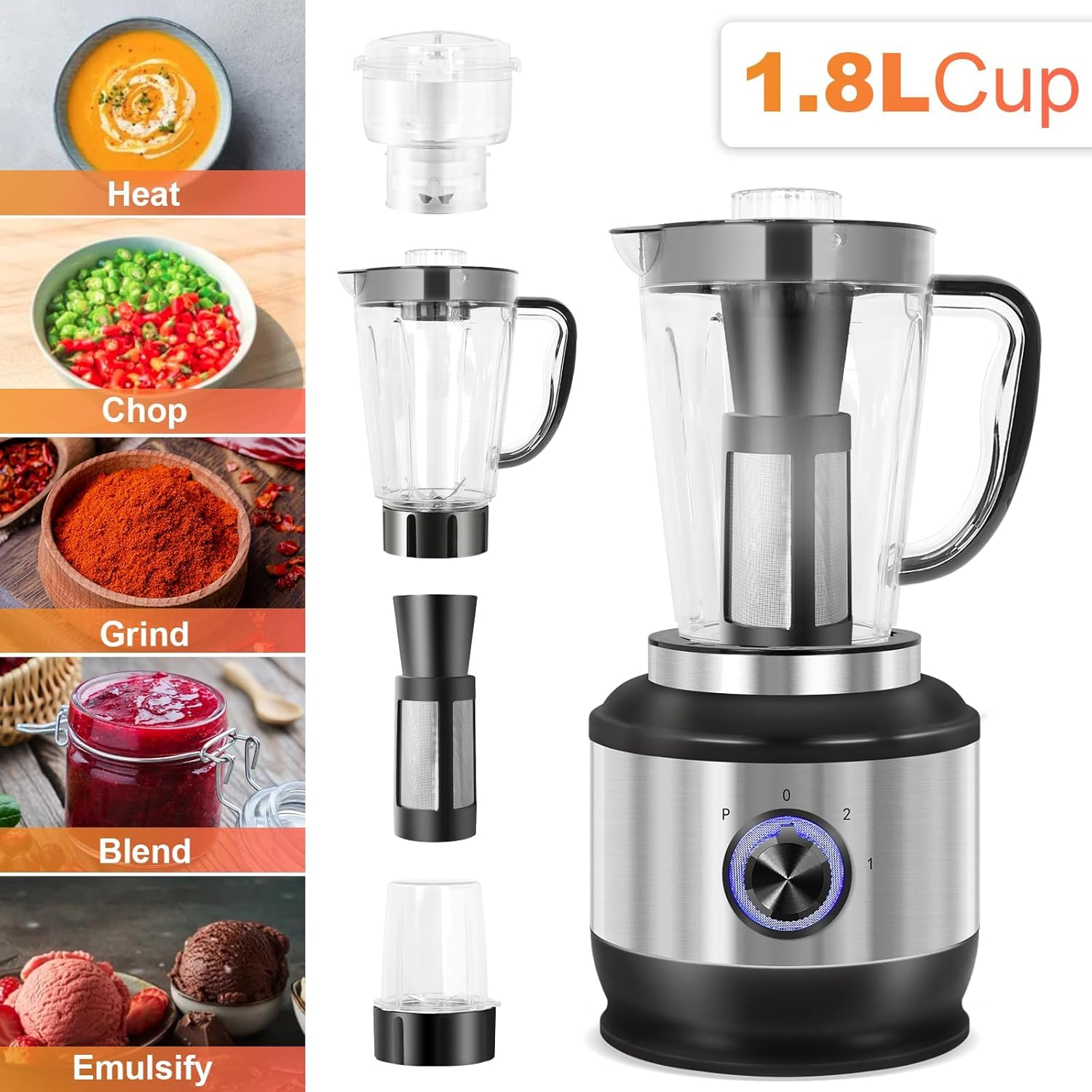 1000W Multifunction Blender and Food Processor - 4 Functions for Grinding, Mincing, Straining | 70Oz 3 Speed | Stainless Steel image number 1