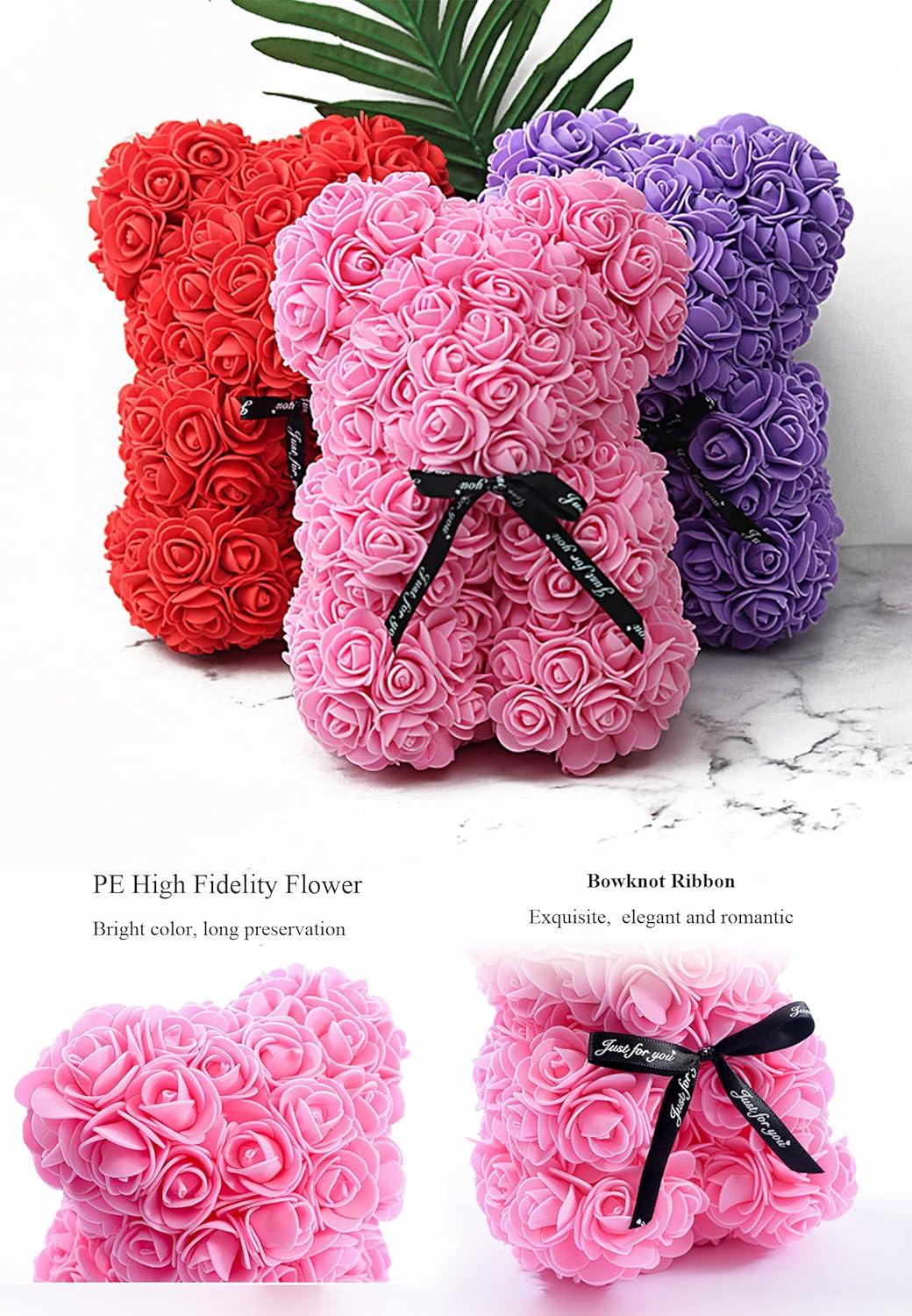 Rose Flower Bear Artificial Flower Hand Made Bear for Valentine'S Day Birthdays Romantic Weddings Christmas Rose Gifts (25Cm Purple) image number 5