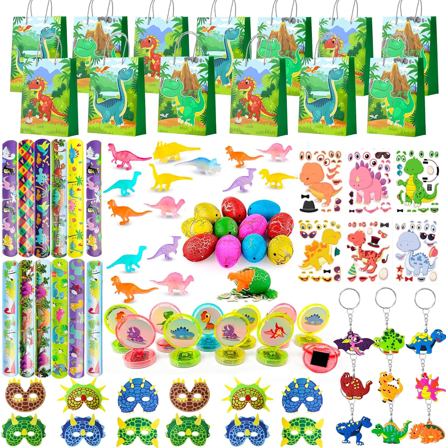 Dinosaur Party Favors for Kids, 96Pcs All-In-One Dinosaur Birthday Party Favors Set - Dino Party Favor Bags Keychains Stampers Stickers Toys Clap Bracelets Etc Dinosaur Birthday Party Supplies image number 2