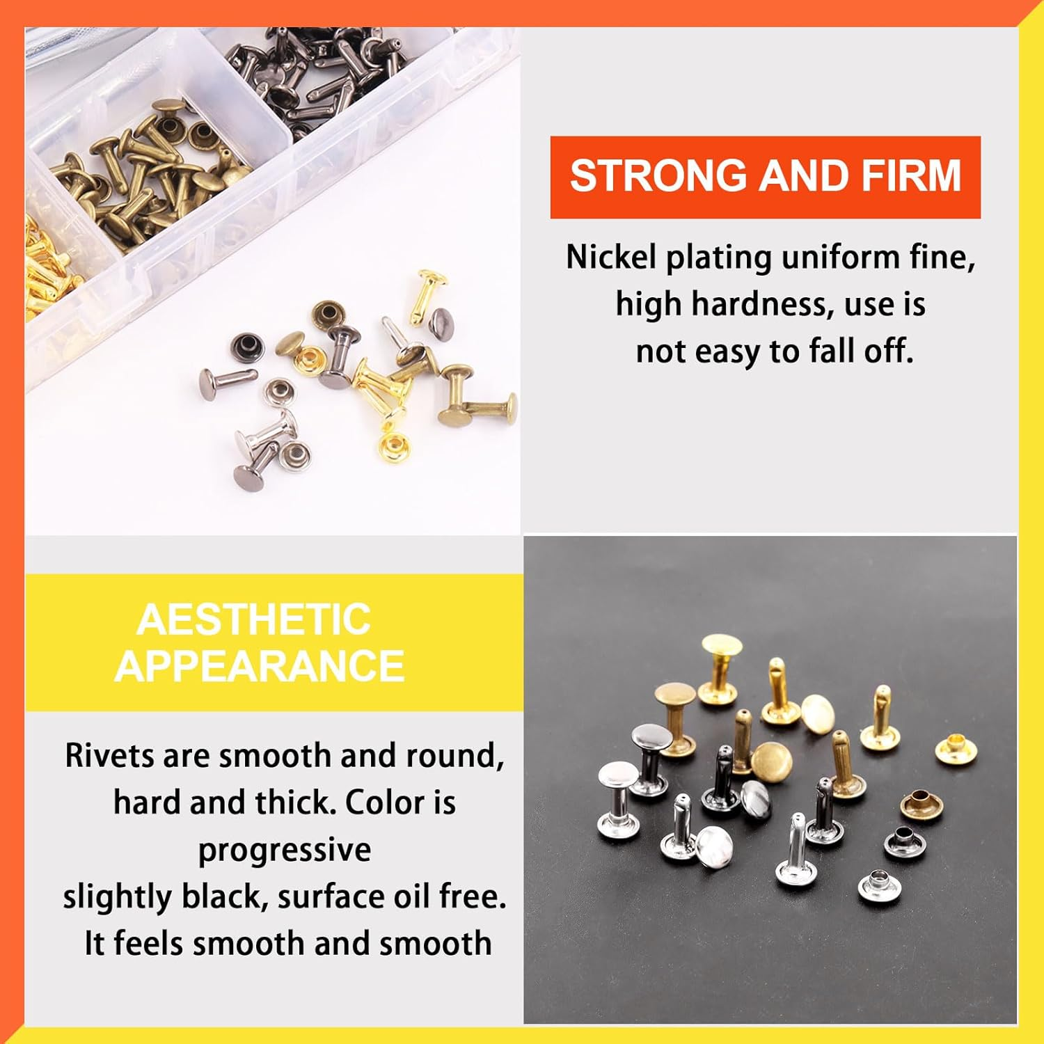 Tanstic 365Pcs Leather Rivets Kit, 3 Sizes 4 Colors Double Cap Rivets Flat Tubular Metal Studs with Rubber Hammer and Setting Tool Kit for Leather Craft Repair Decoration(Silver/Gun Black/Bronze/Gold) - A Kit image number 4