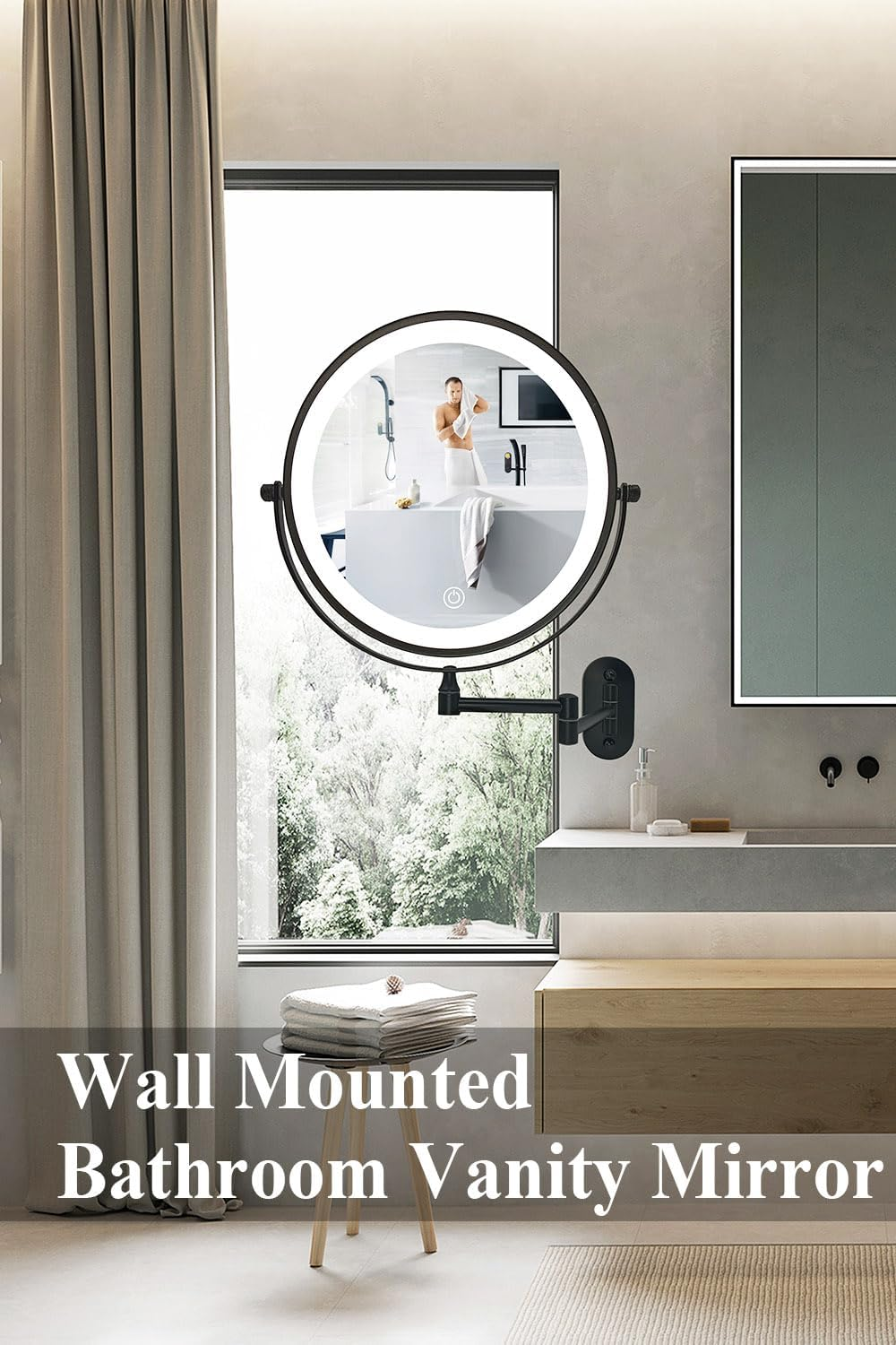 9" Magnifying Mirror with LED Lights Bathroom Large Illuminated Wall Mounted Vanity Mirror for Makeup Shaving (With LED Lights,Black 7X Magnification) image number 2