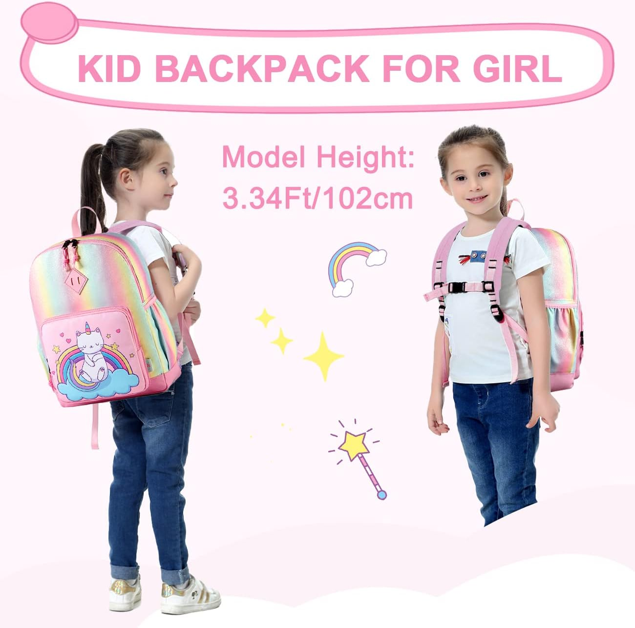Backpack for Little Girls, VASCHY Cute Rainbow Lightweight Water Resistant Toddler Preschool Kindergarten Backpacks for Kids with Chest Strap image number 3
