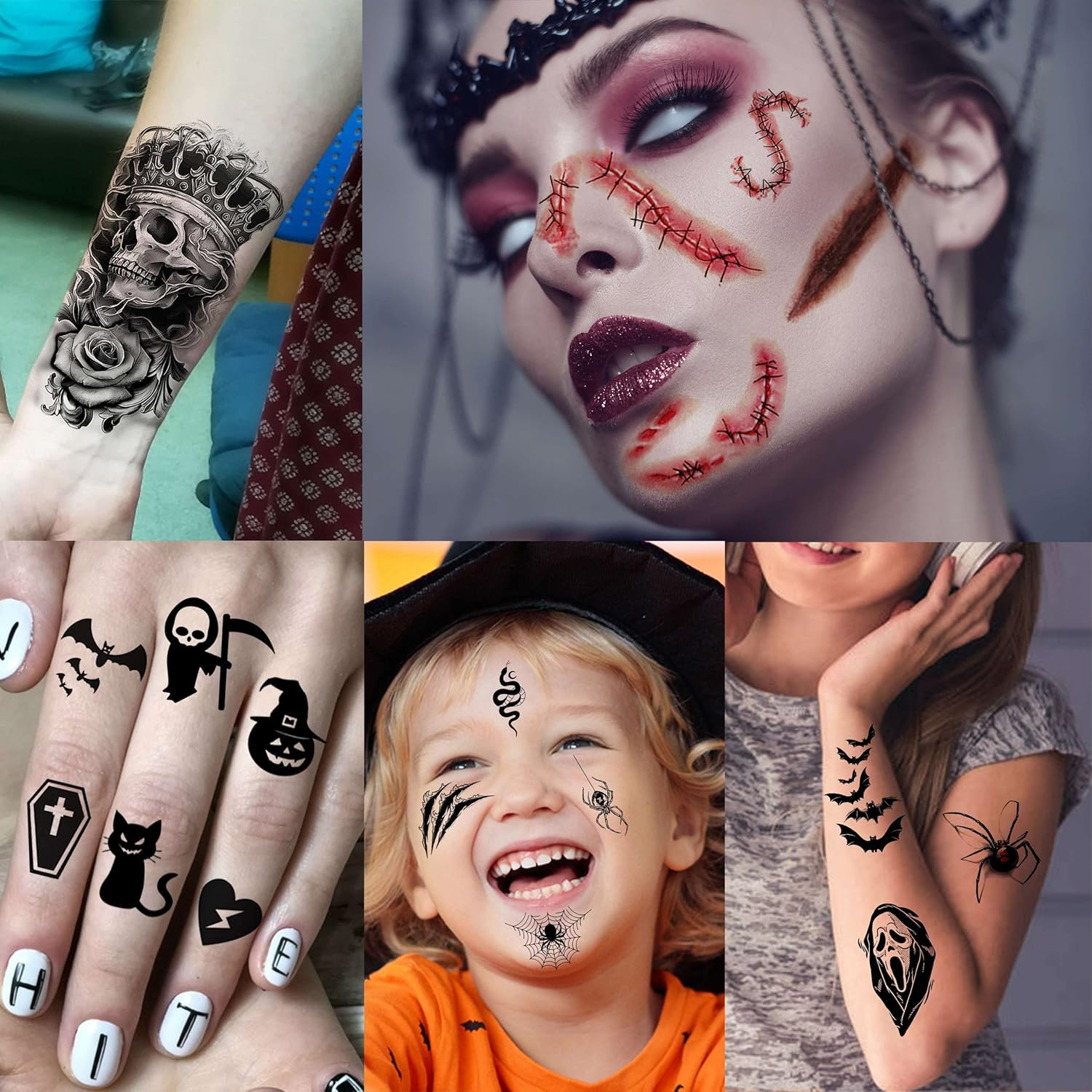 236+ PCS 45 Sheets Halloween Temporary Tattoos for Kids Zombie Makeup Kits 3D Bats Spider Web Witch Small Black Ghost Pumpkin Face Stitches Fake Scar Tattoo Stickers for Women Adult Men Skull image number 1