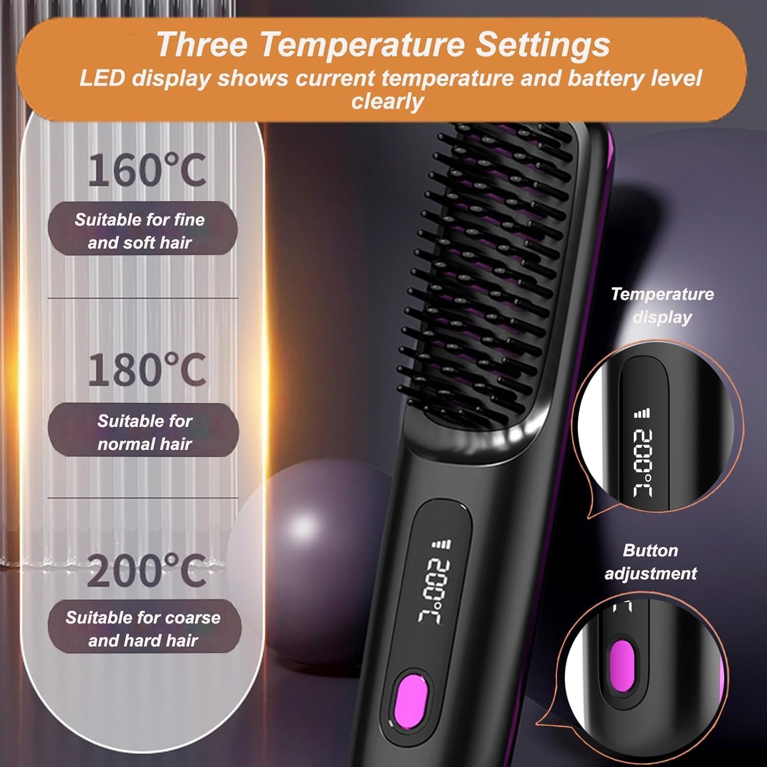Portable Straightener Brush - Gobrush Pro, Go Brush Pro Straightener Rechargeable & Cordless Mini Hair Straightener Comb,Portable Straightening Brush for Travel (Black)