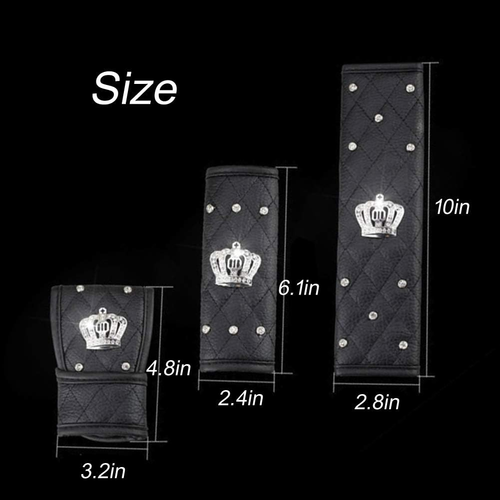 Leather Car Seat Belt Cover Shoulder Seatbelt Pad Handbrake Cover Gear Shift Cover with Bling Rhinestones Crown Car Accessories(4 Pcs)