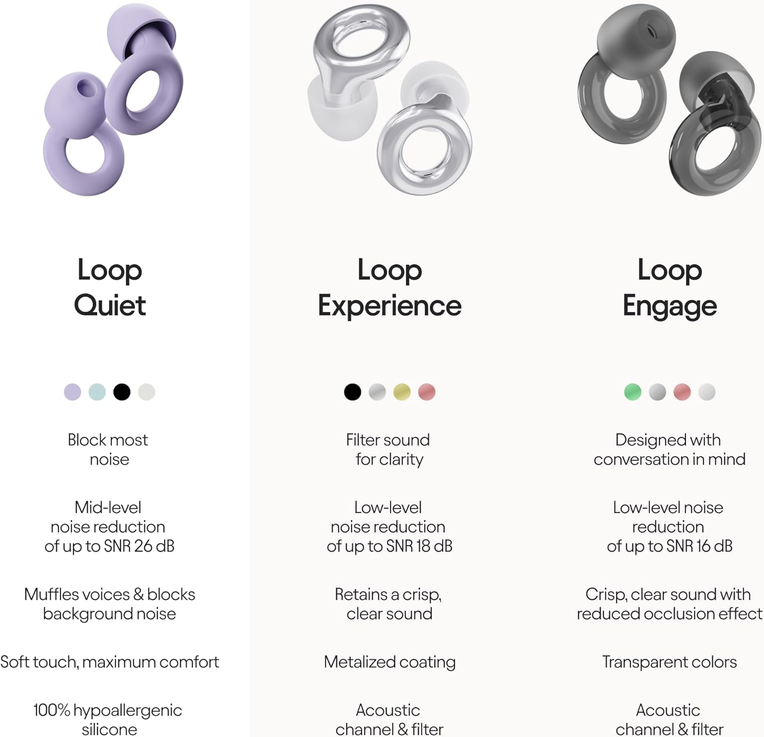 Loop Quiet - Ear Plugs for Sleep &ndash; Super Soft, Reusable Hearing Protection in Flexible Silicone for Noise Reduction & Flights - 8 Ear Tips in XS/S/M/L - SNR 24Db & NRR 14 Noise Cancelling - Violet