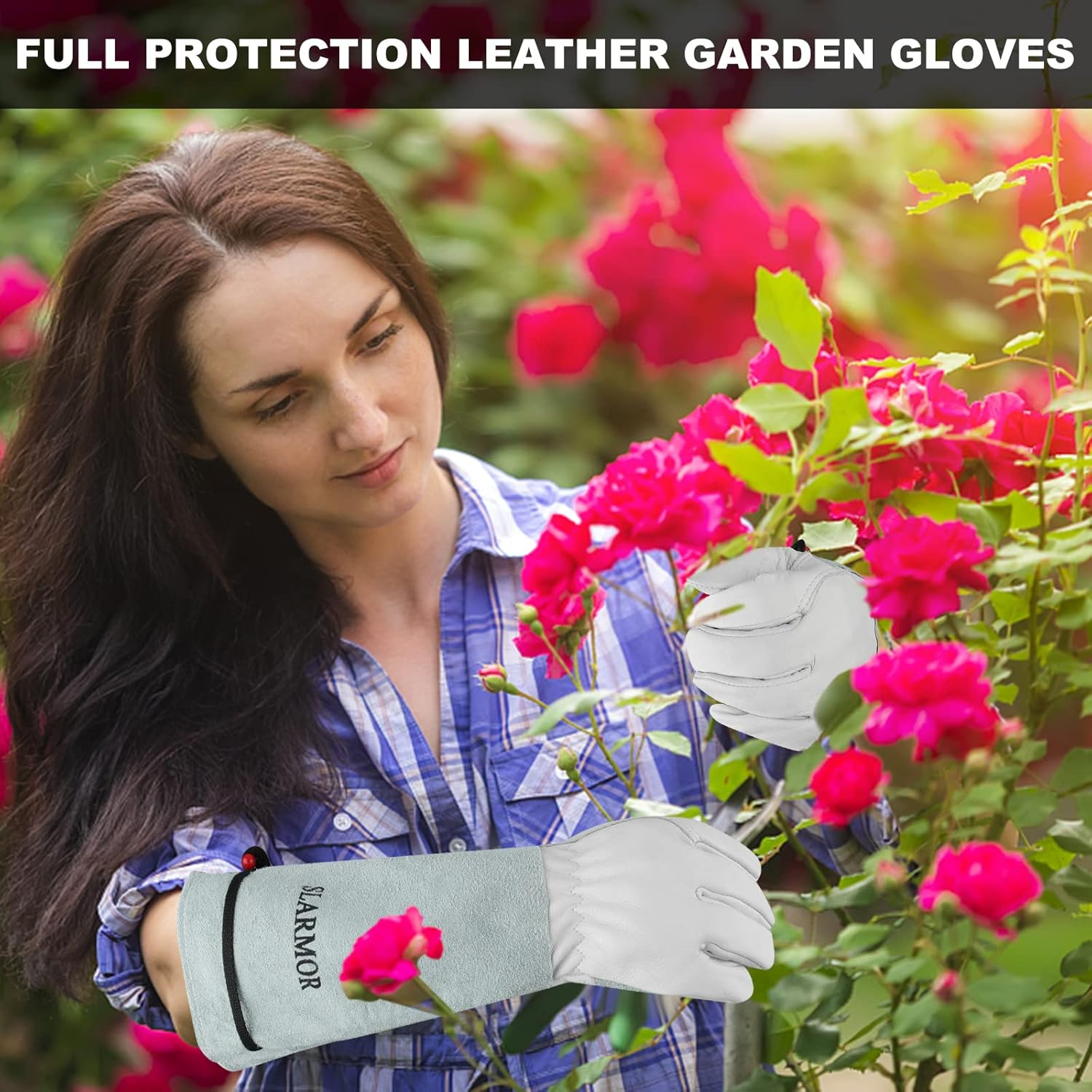 Leather Gardening Gloves for Women/Men - Thorn Proof Cowhide Leather Rose/Blackberry Pruning Heavy Duty Garden Gloves Thick Palm Gauntlet Garden Work Gloves with Forearm Protection image number 3