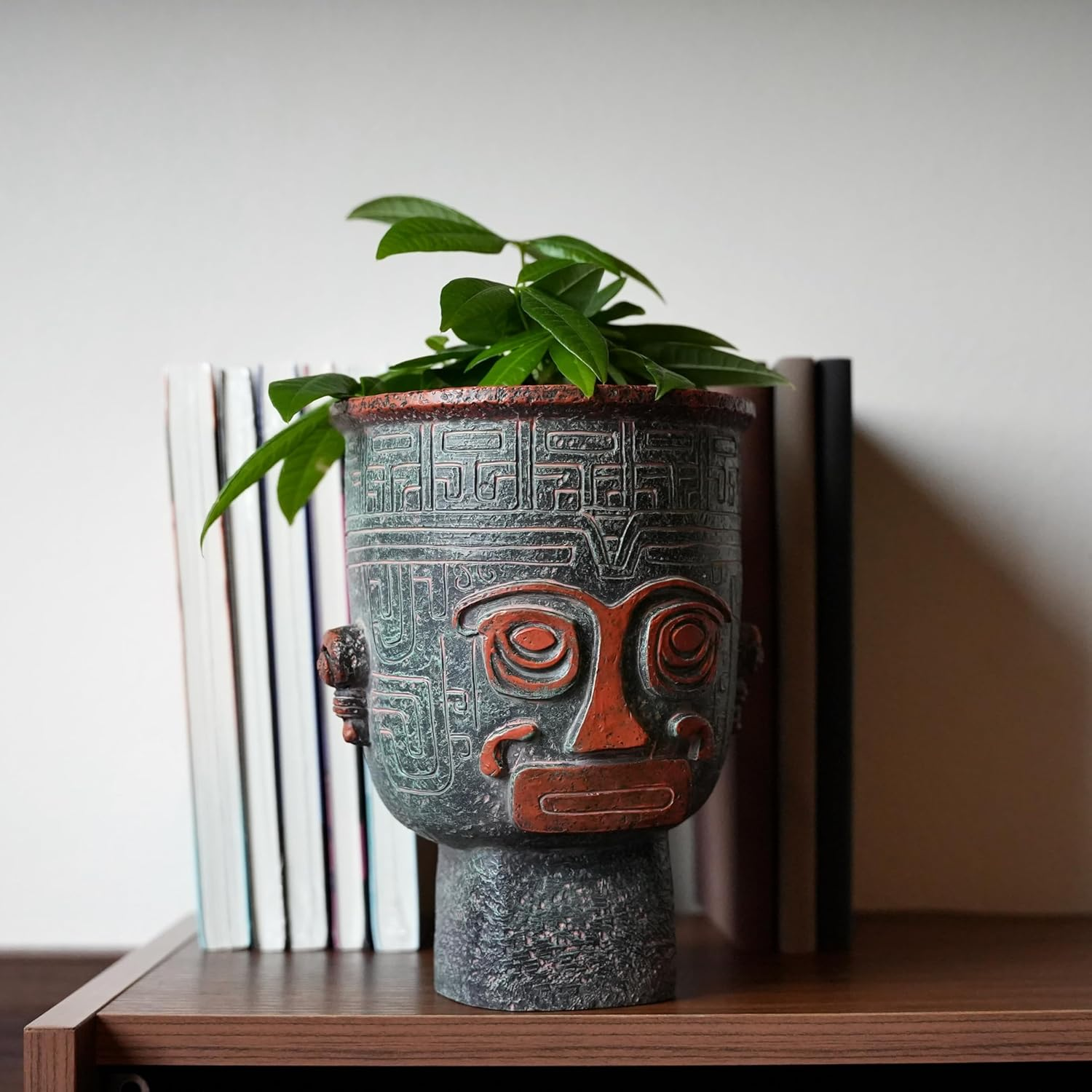 Sanxingdui Style Bronze Face Planters for Indoor Plants, 6 Inch Resin Unique Plant Pots with Drainage, Decorative Flower Pots for Plant Lover image number 3