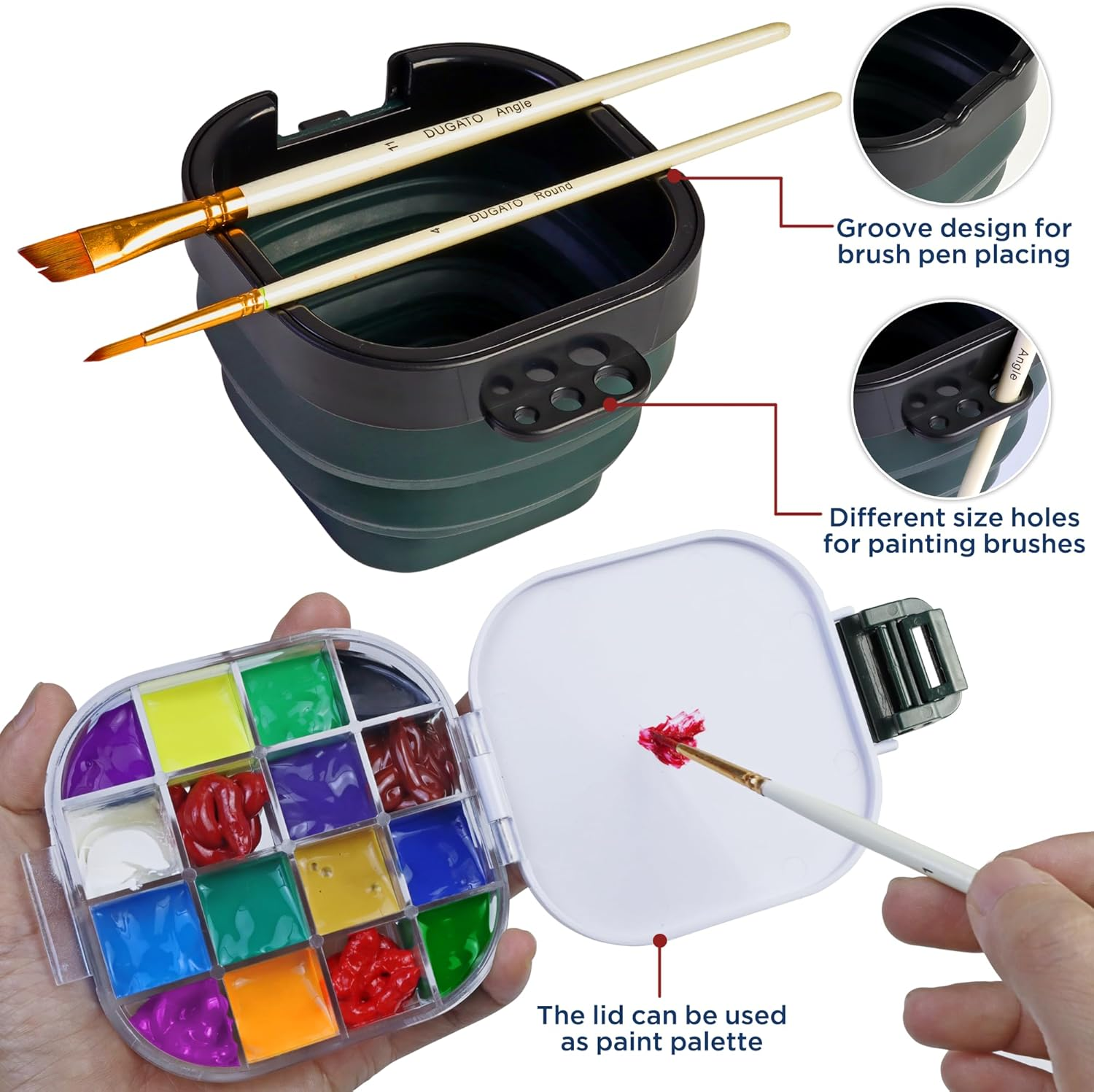 5.3 X 4.4 Inches Airtight Paint Palette Box, Valuable Container Combines Cleaning Brush Basin and Brush Holder, Using for Beginners Learning Art Project Workshops Outdoor Painting (Green) image number 6