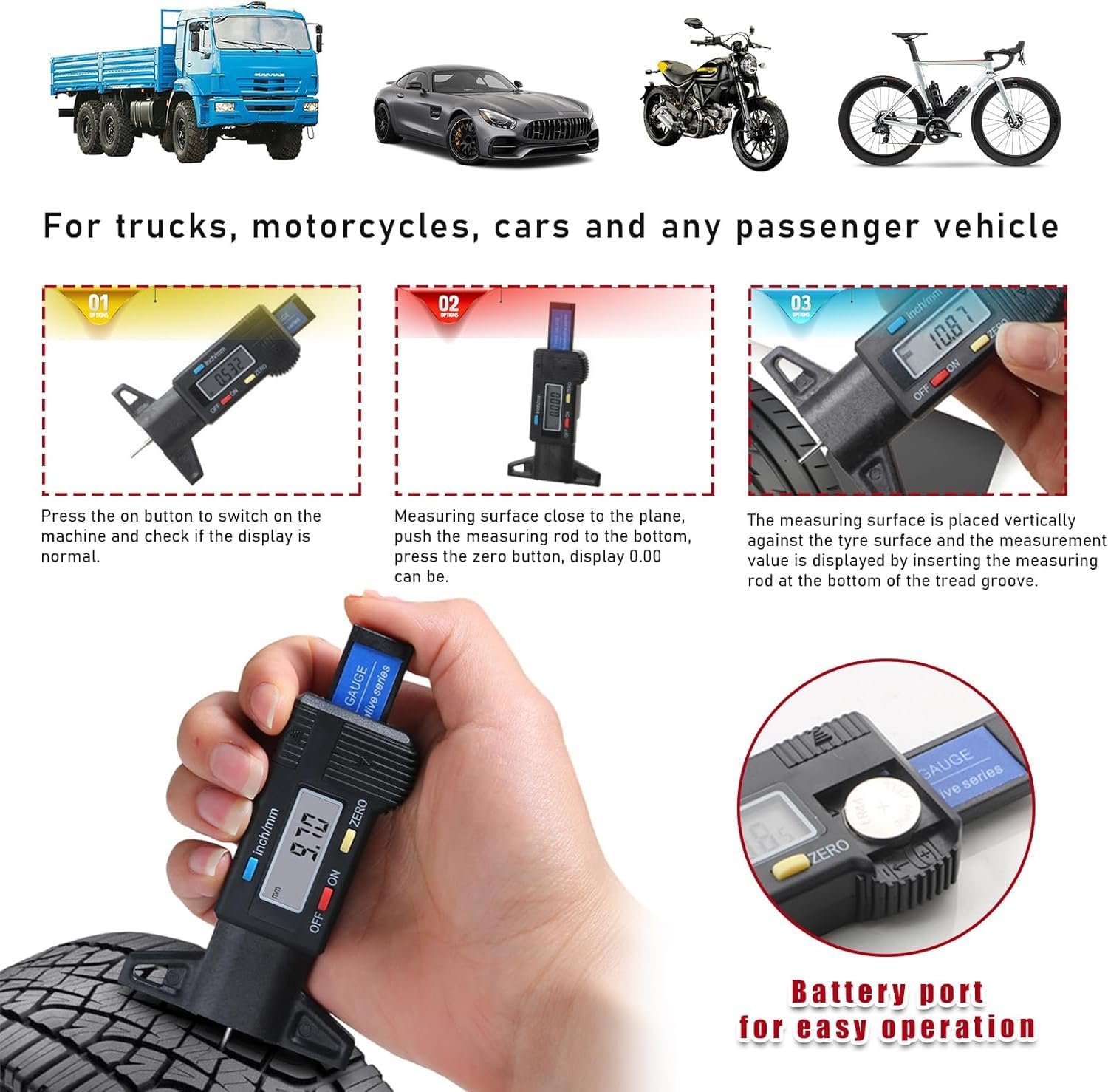 Tire Tread Depth Gauge, LCD Digital Tire Wear Gauge Tread Checker with Inch and MM Conversion Tread Checker Tire Tester for Cars Motorcycle Trucks Vans SUV (Blue) image number 1