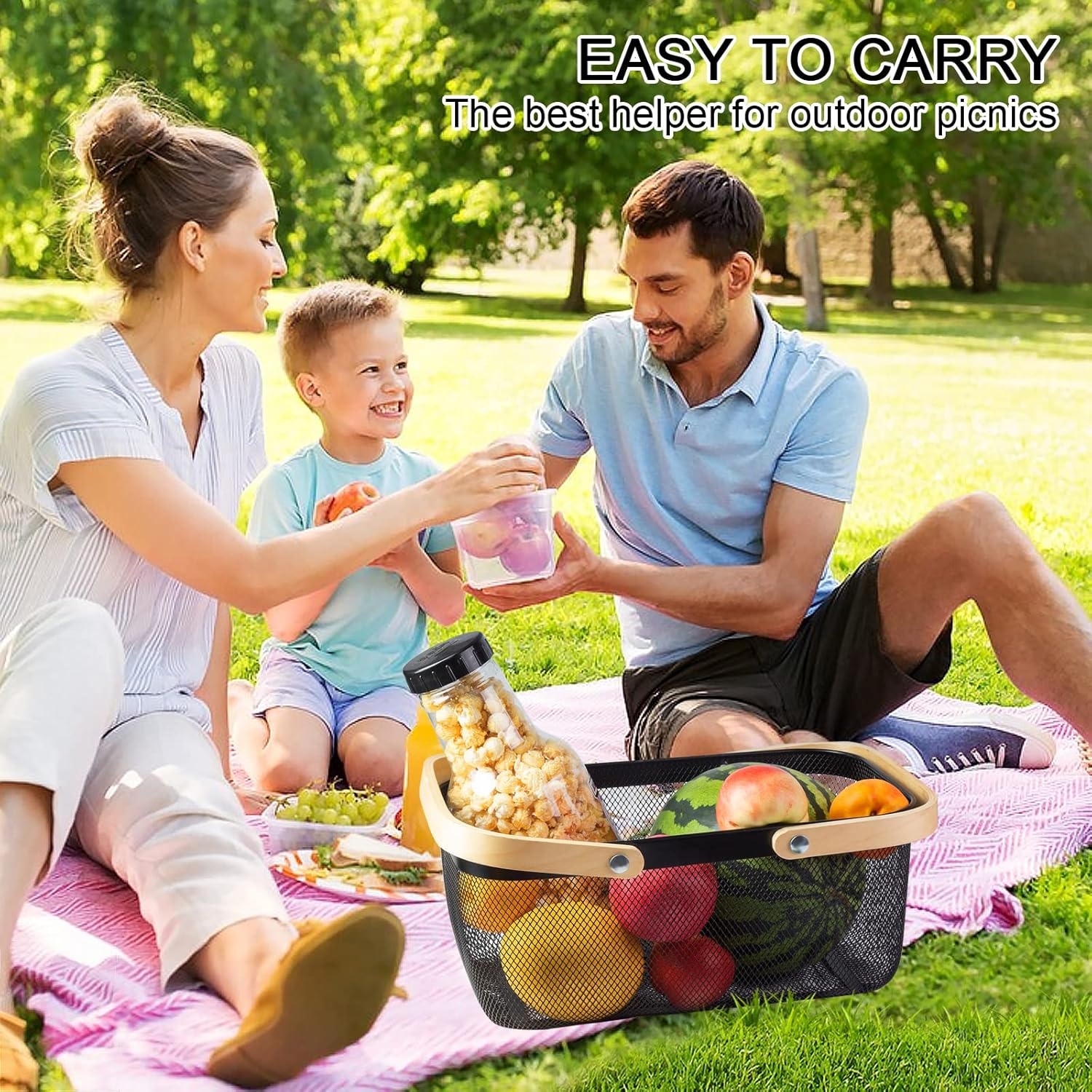 Portable Garden Harvest Basket-Mesh Design Natural Bamboo Handle Wire Storage Baskets,Mesh Basket with Handle Organize Items Reduce Space Occupation,Suitable for Kitchen,Garden,Picnic(Black) image number 2