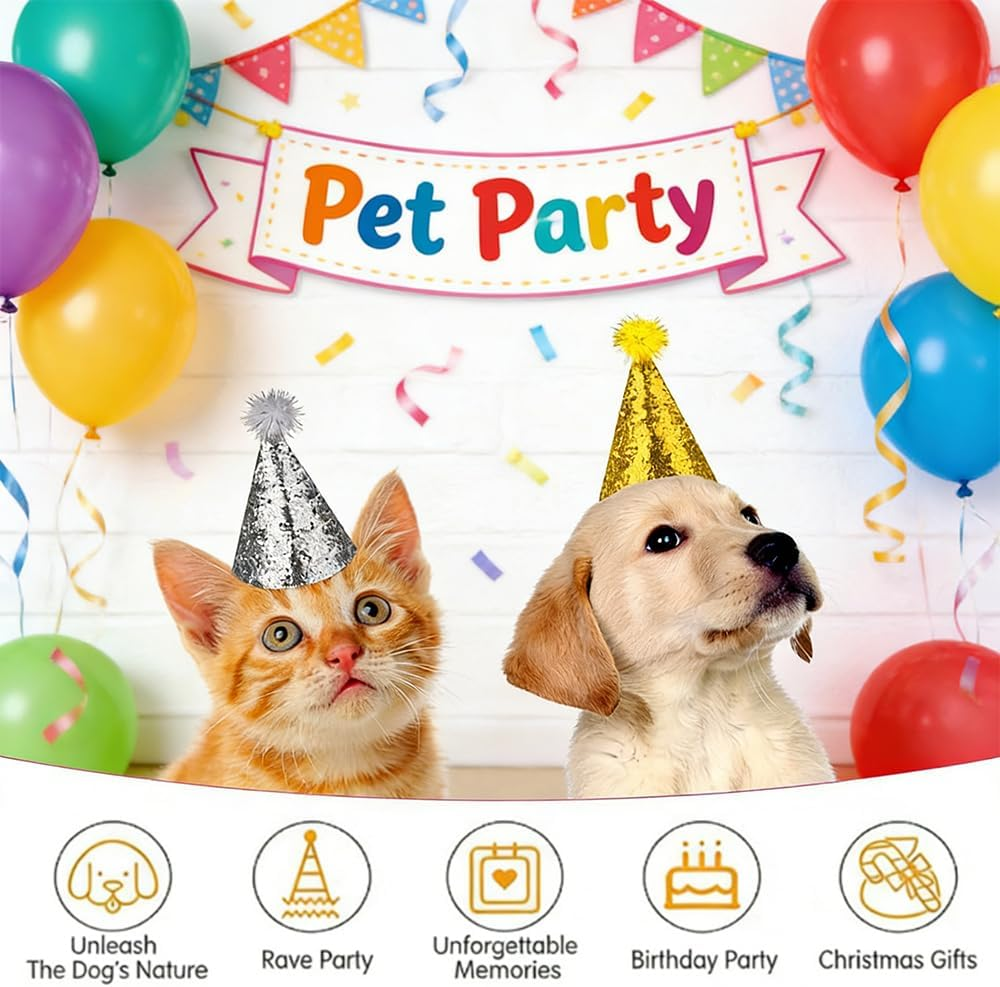 Pet Party Hats with Pom Pom, 8 Pack, Adjustable Mini Birthday Hats for Small Dogs and Cats, Reusable image number 1