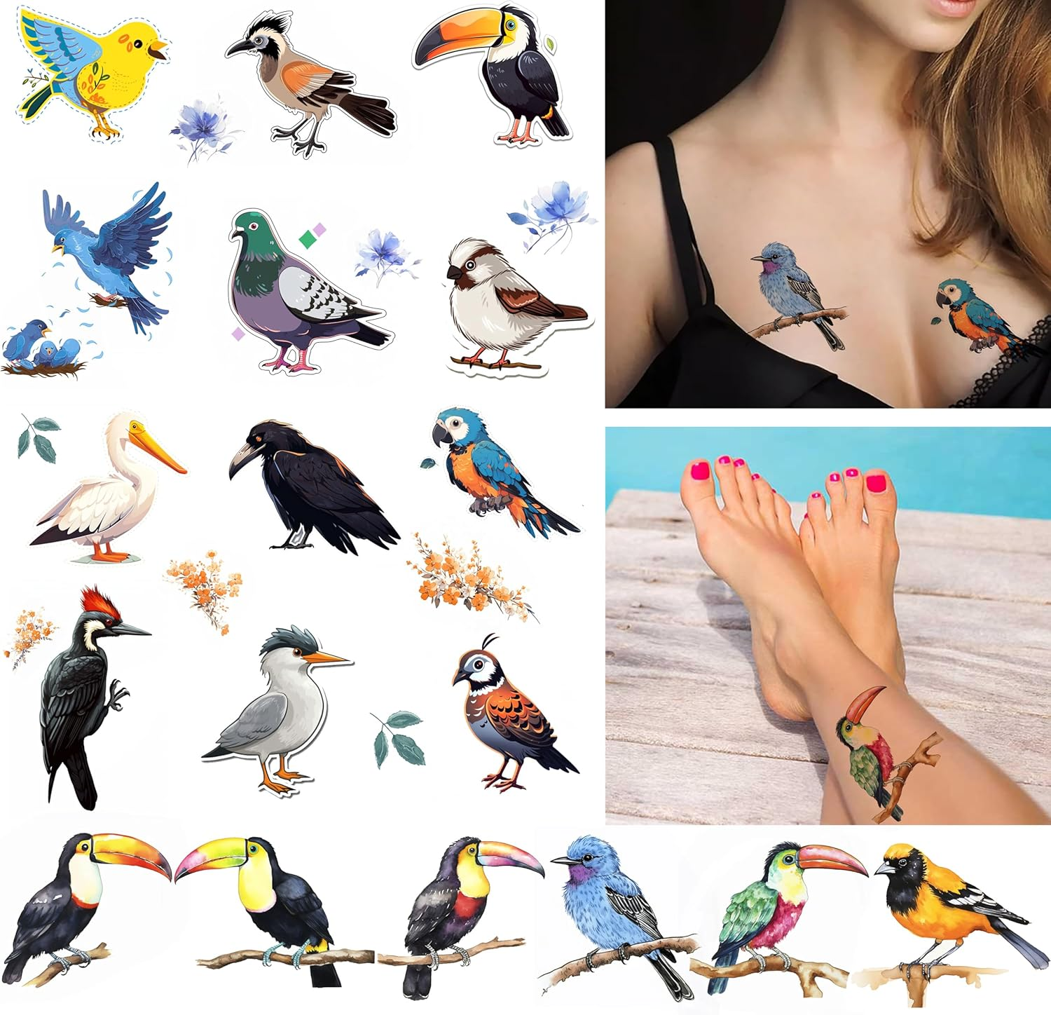 24 Sheets Temporary Tattoos Birds Curl Crested Toucan Bird of Paradise Fake Sticker Tattoo for Women Adults image number 3