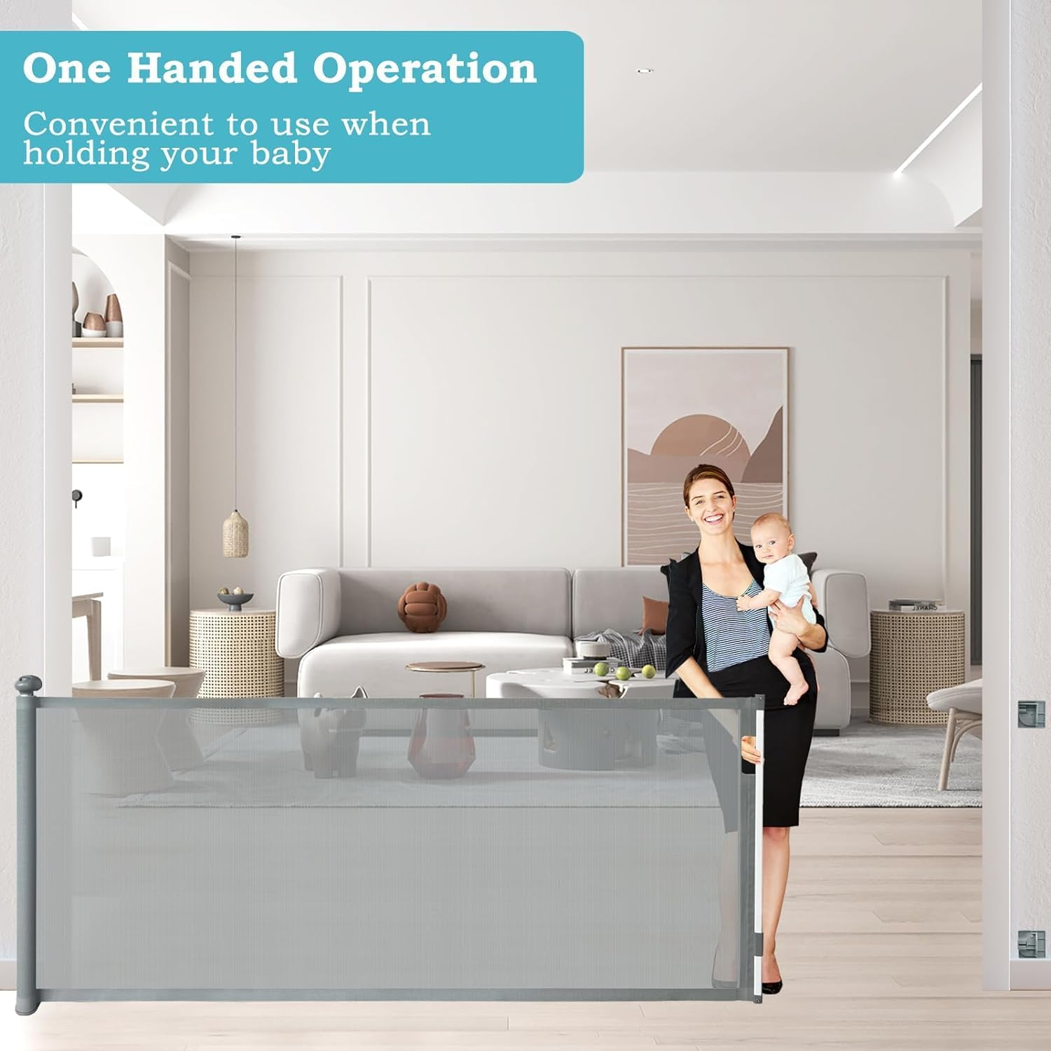 Baby Gate Retractable Gates for Stairs, Mesh Dog Gate for the House, Wide Pet Gate 33" Tall, Extends to 126" Wide, Long Child Safety Gates for Stairs, Hallways, Indoor/Outdoor, Cat Gate (Grey) image number 2