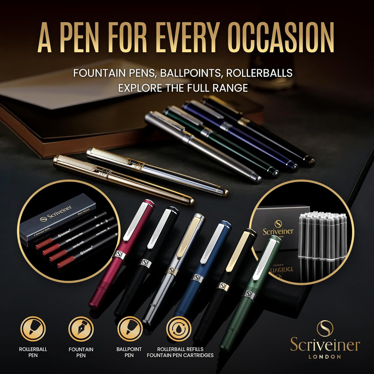 Scriveiner Silver Chrome Fountain Pen - Stunning Luxury Pen, Real Gold Finish Schmidt Gilded Nib (Medium), Best Pen Gift Set for Men & Women, Professional, Executive Office, Nice Pens - Silver Chrome With Gold image number 3