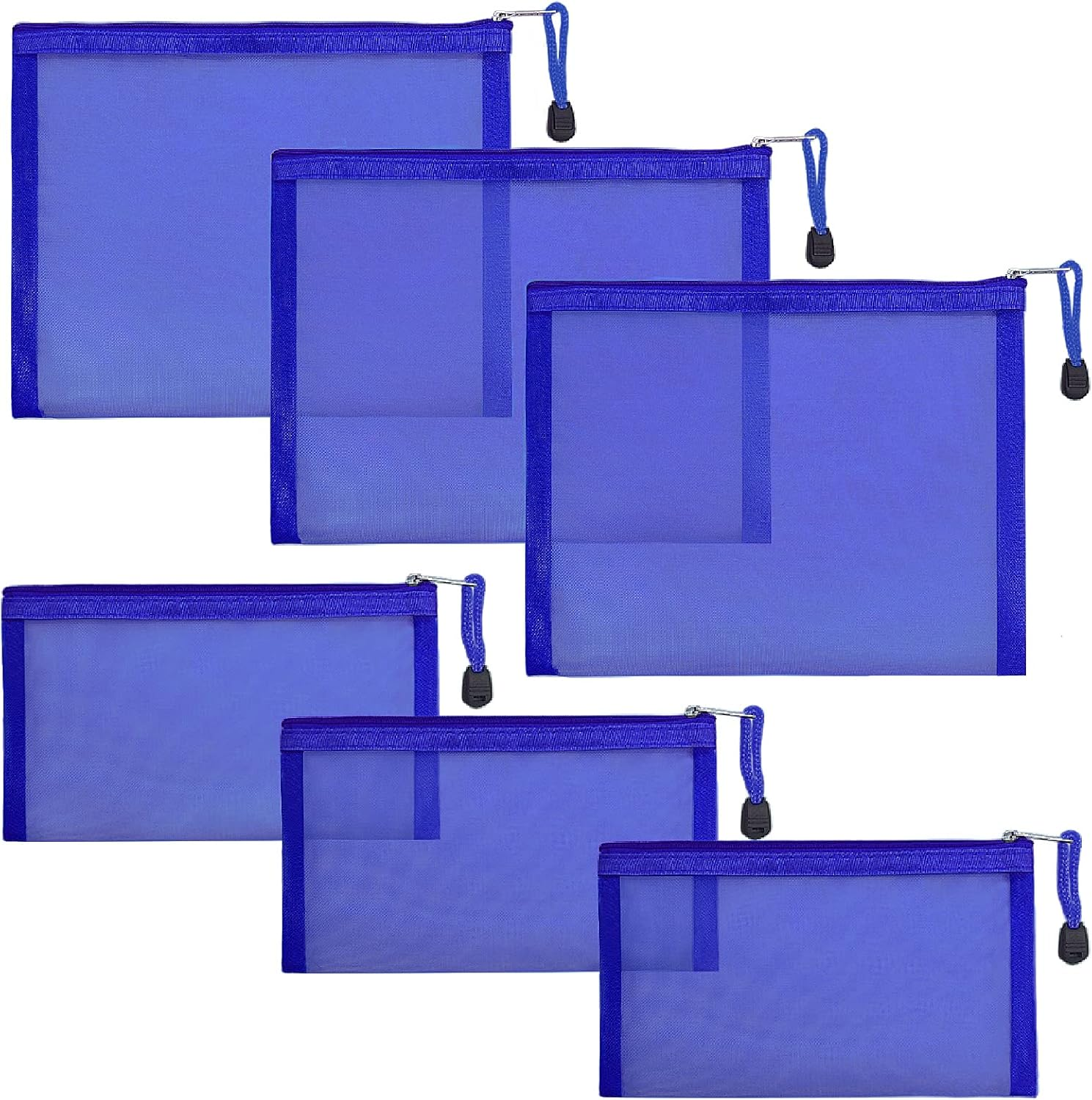 6 Pack Mesh Cosmetic Bags, Nylon Makeup Pouches with Zipper for Home Office Purse Diaper Bag (Black)