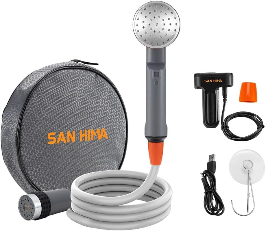 San Hima Portable Camping Shower with Rechargeable Lithium Battery with Two Changeable Showerhead, 2.5-3.5L/Min Lightweight Easy Operation Shower with Pump & Mesh Filter for Outdoor Camping image number 1