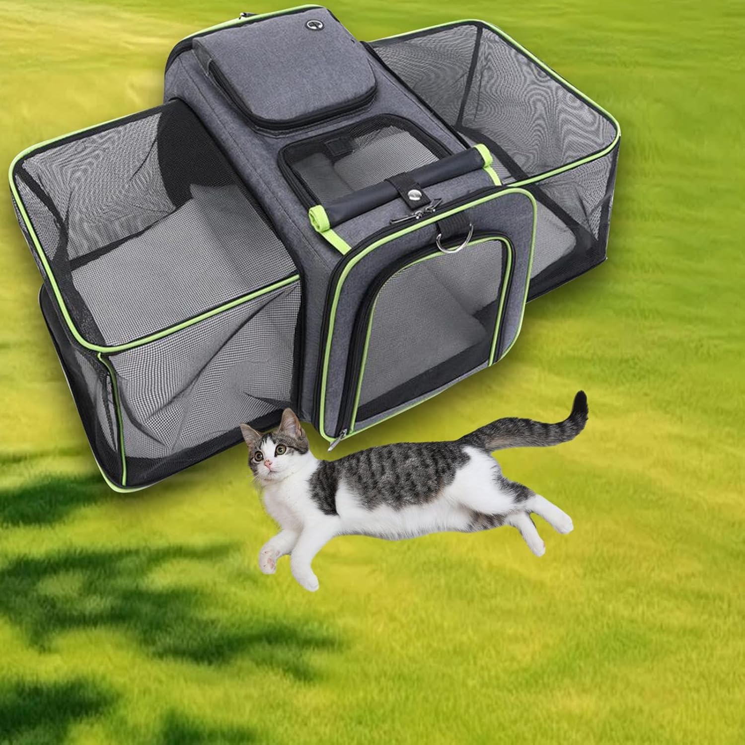 Generic Expandable Pet Carrier, Expandable Cat Carrier, Comfortable, Breathable, Waterproof, Soft Sided, Foldable for Walking, Gray Green