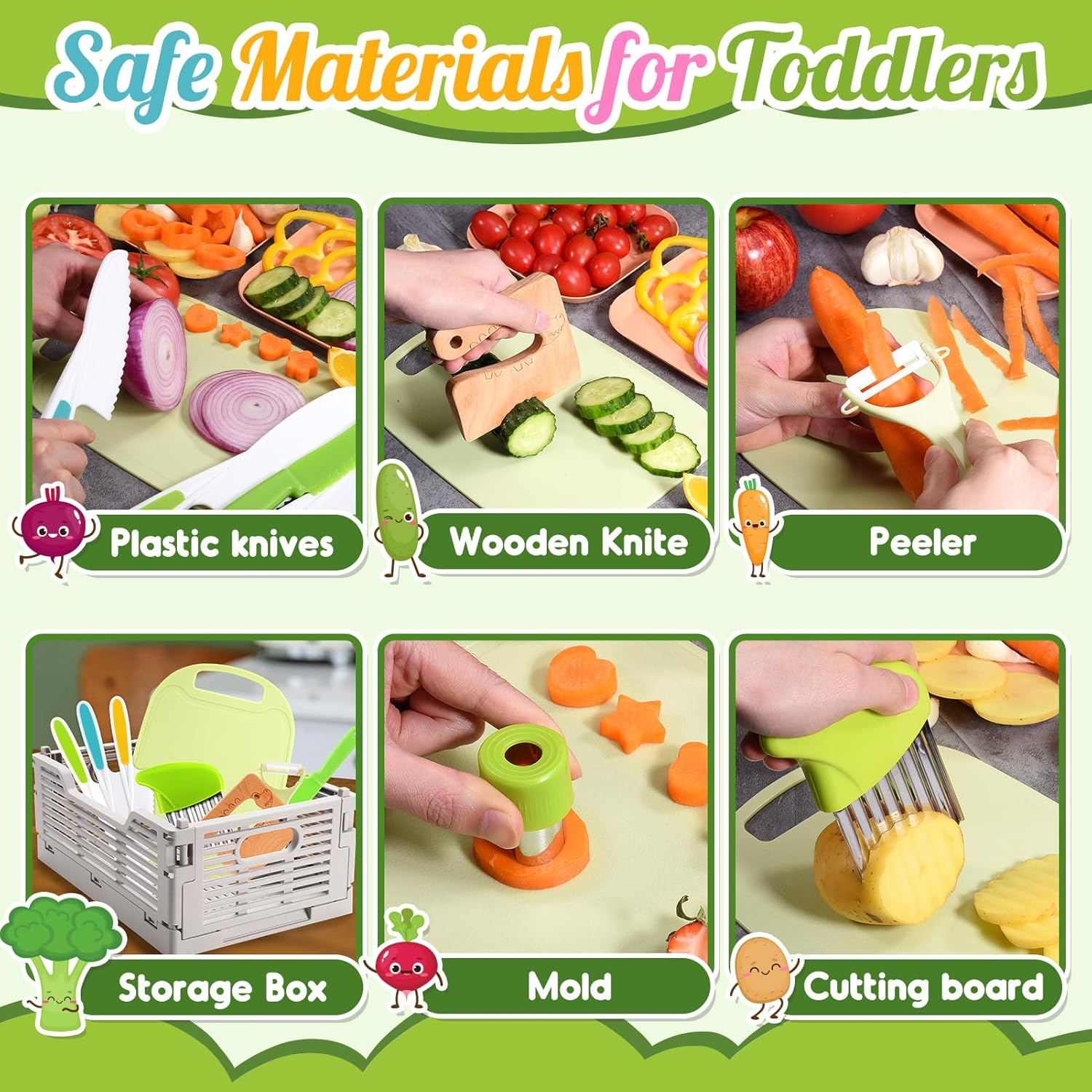 Kids Knife Set for Kids, Vingtank Real Cooking Toys for 3 4 5 6 7 Year Old Girl Boy Gifts Montessori Kitchen Tools for Toddlers Girls Toys Age 3-5 4-6 Cutting Board Safe Knives Birthday Gift Green image number 4